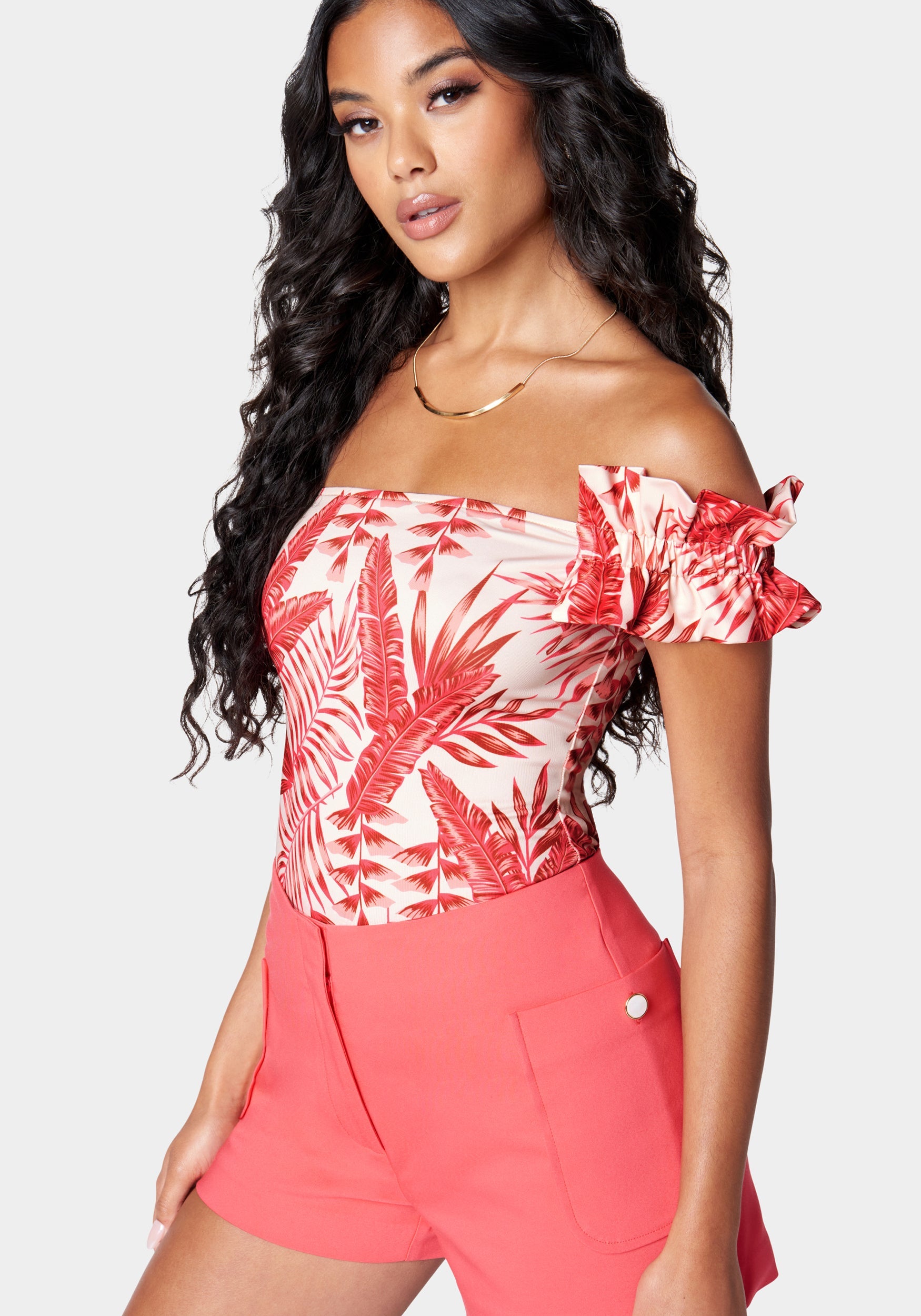 Off Shoulder Ruffle Printed Knit Top