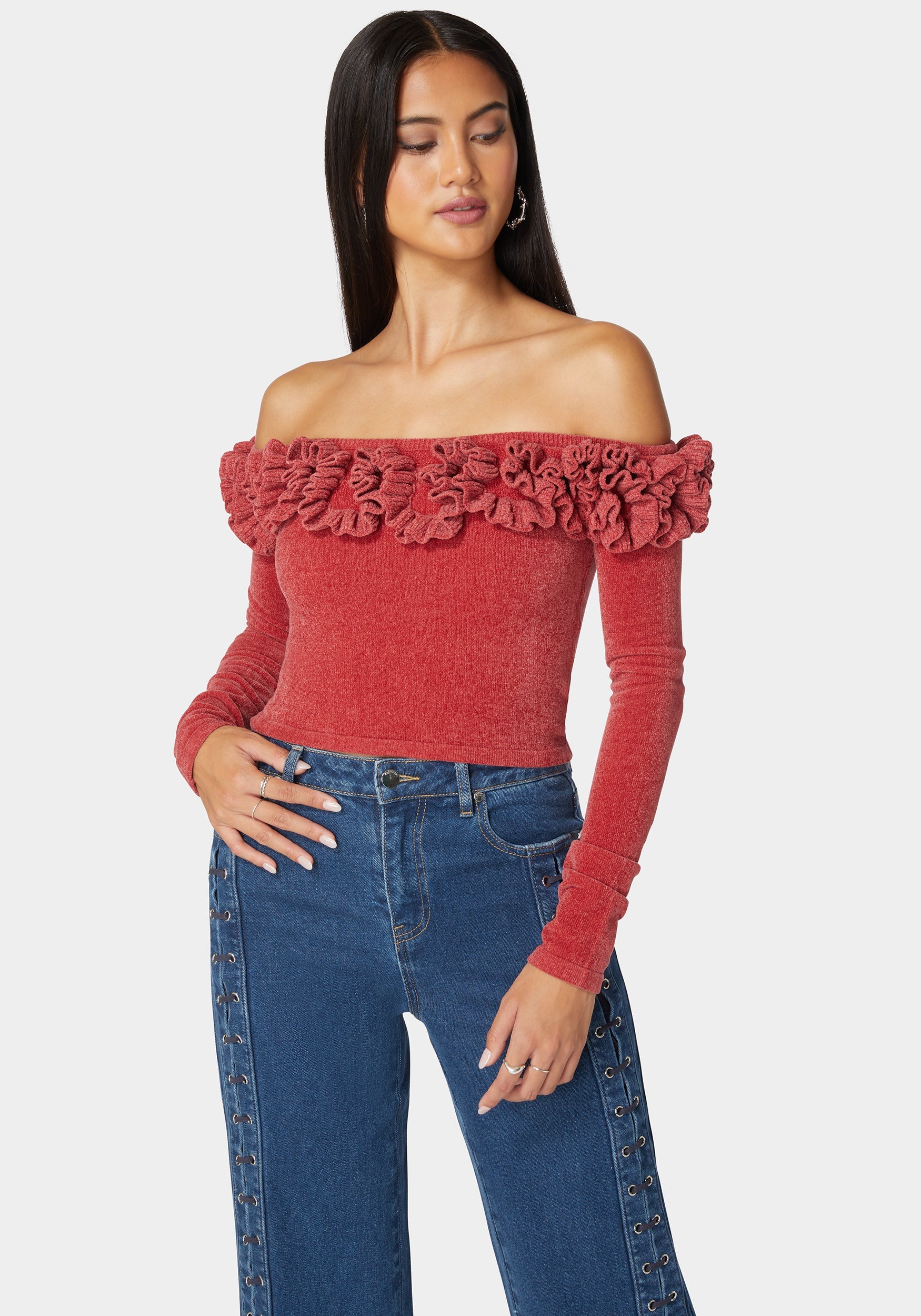 Off Shoulder Ruffle Detail Sweater