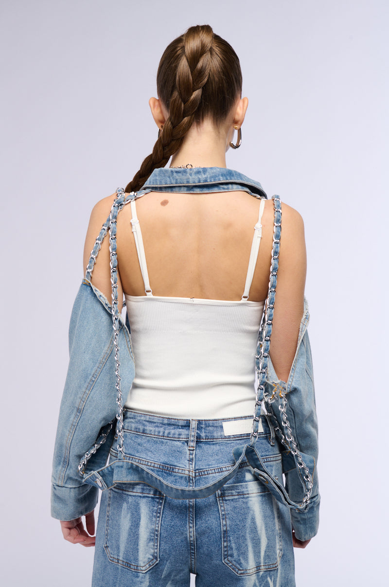 CAGED DENIM AND EXPOSED BODICE JACKET