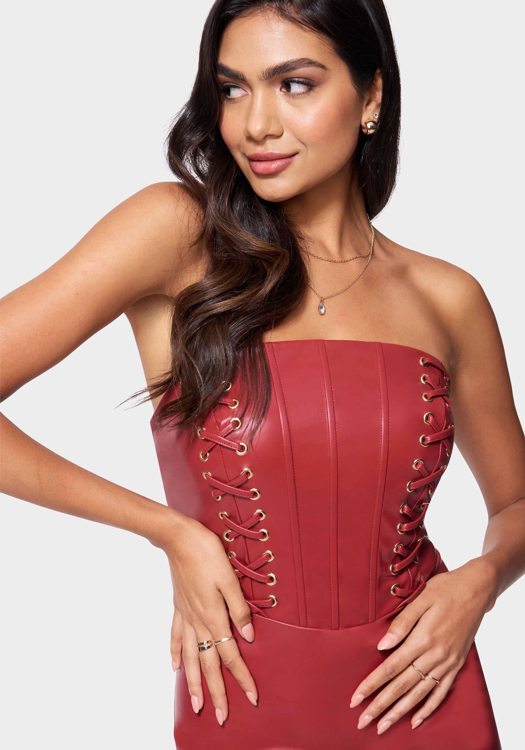 Vegan Leather Strapless Corset Midi Dress