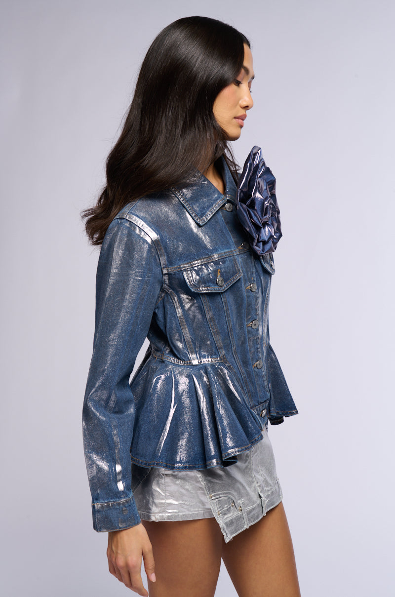 MONIQUE FLOWER DETAIL METALLIC DENIM JACKET