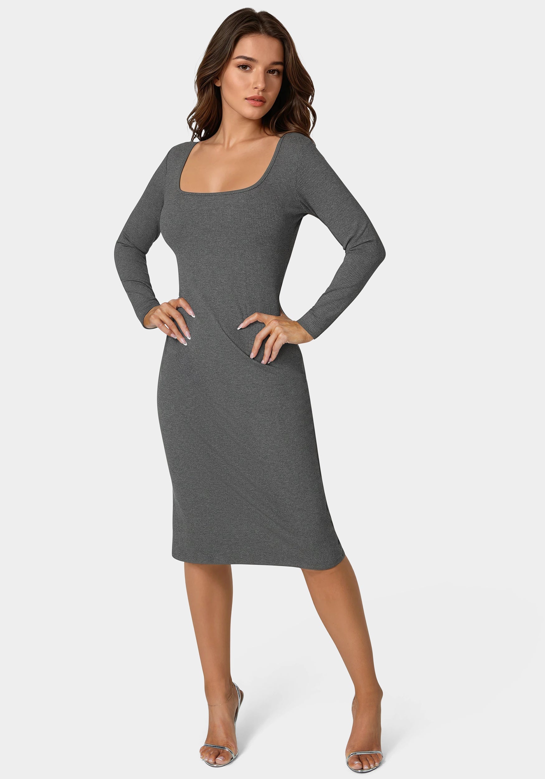 Long Sleeve Square Neck Rib Midi Dress