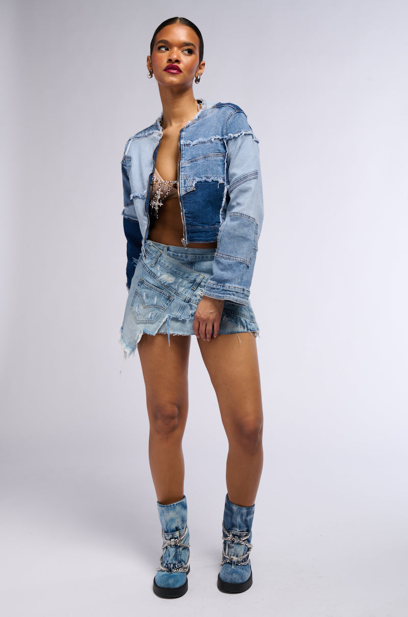 RUMOR HAS IT PATCHWORK DENIM BOMBER