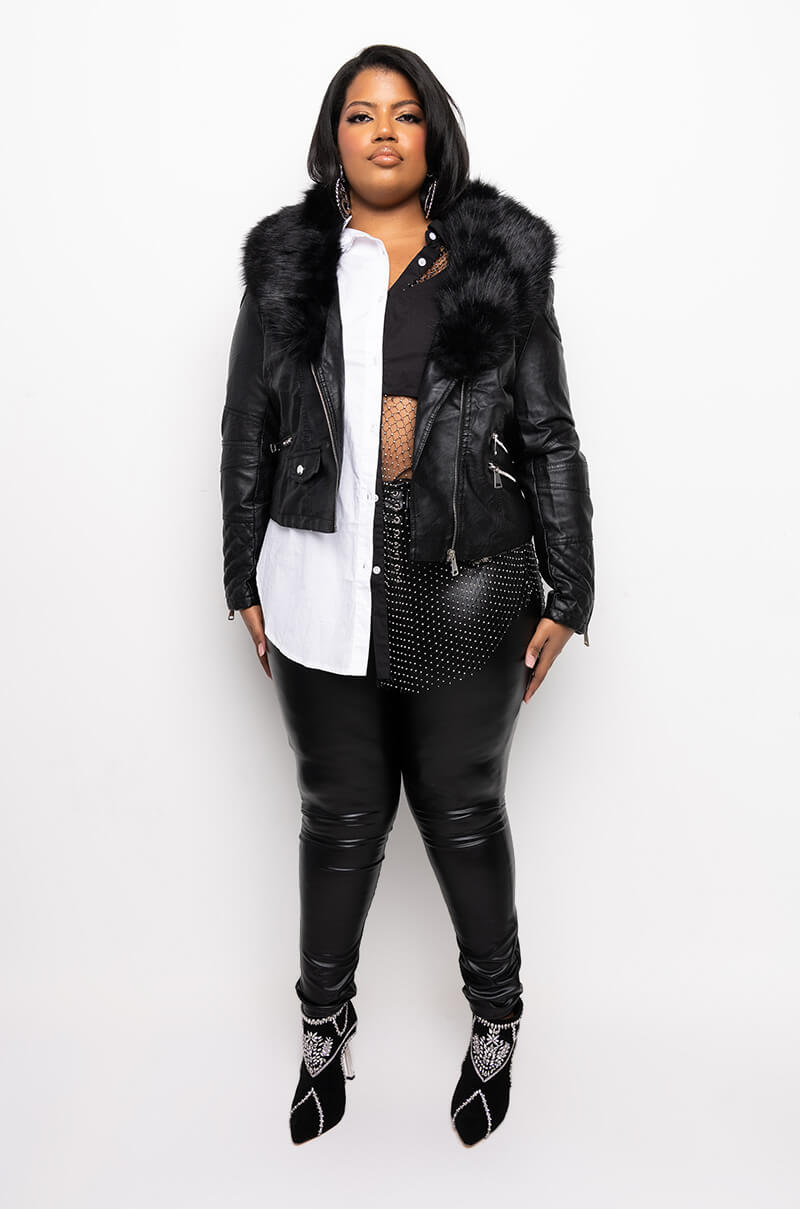 PLUS REACH FOR MORE FAUX FUR COLLARED MOTO JACKET