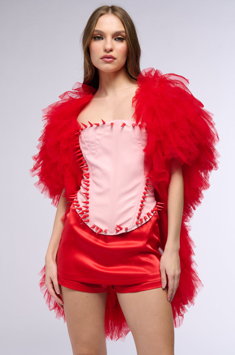 WANNA BE LOVED BY YOU TULLE WRAP SHRUG IN RED