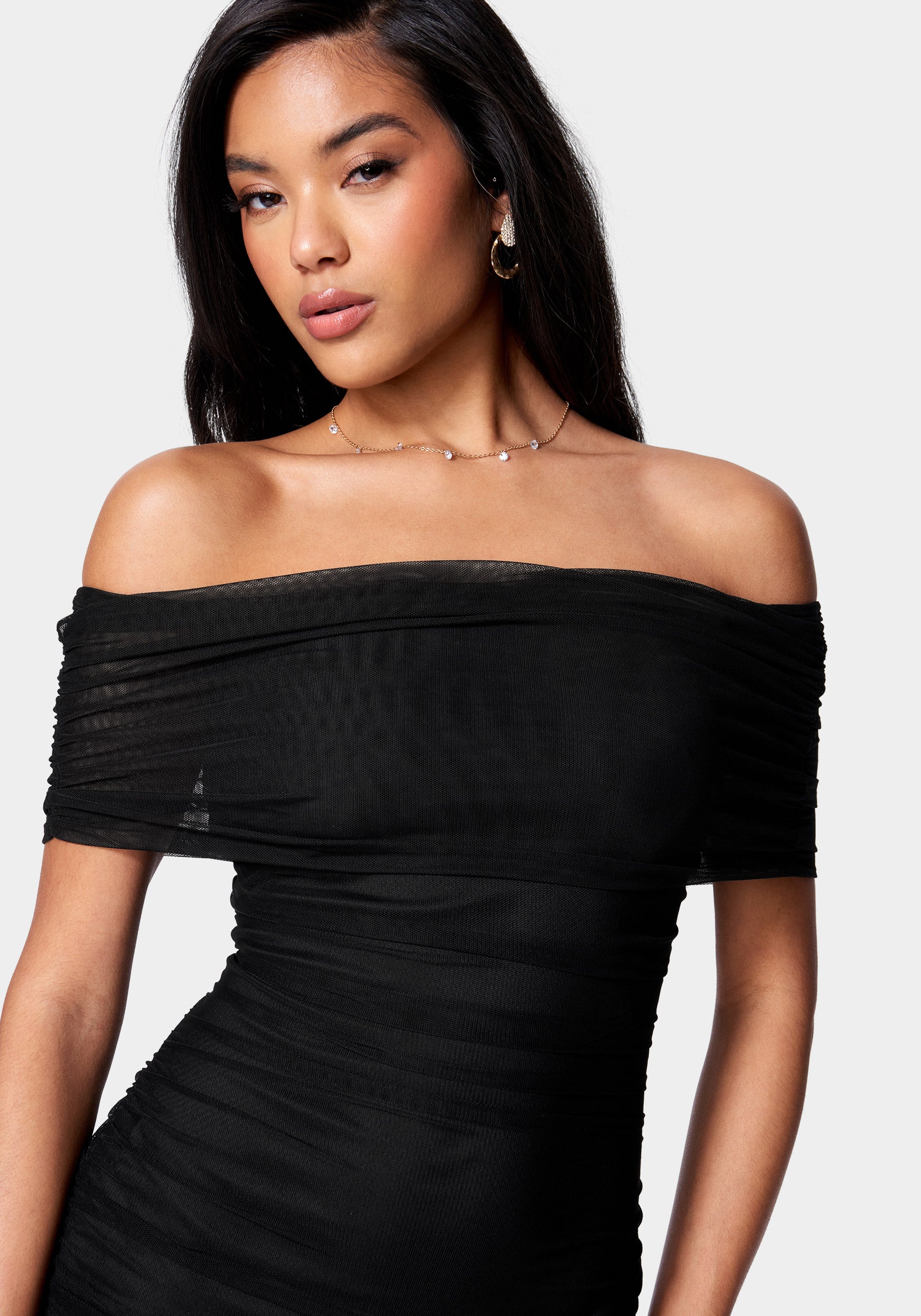 Off Shoulder Mesh Ruched Dress