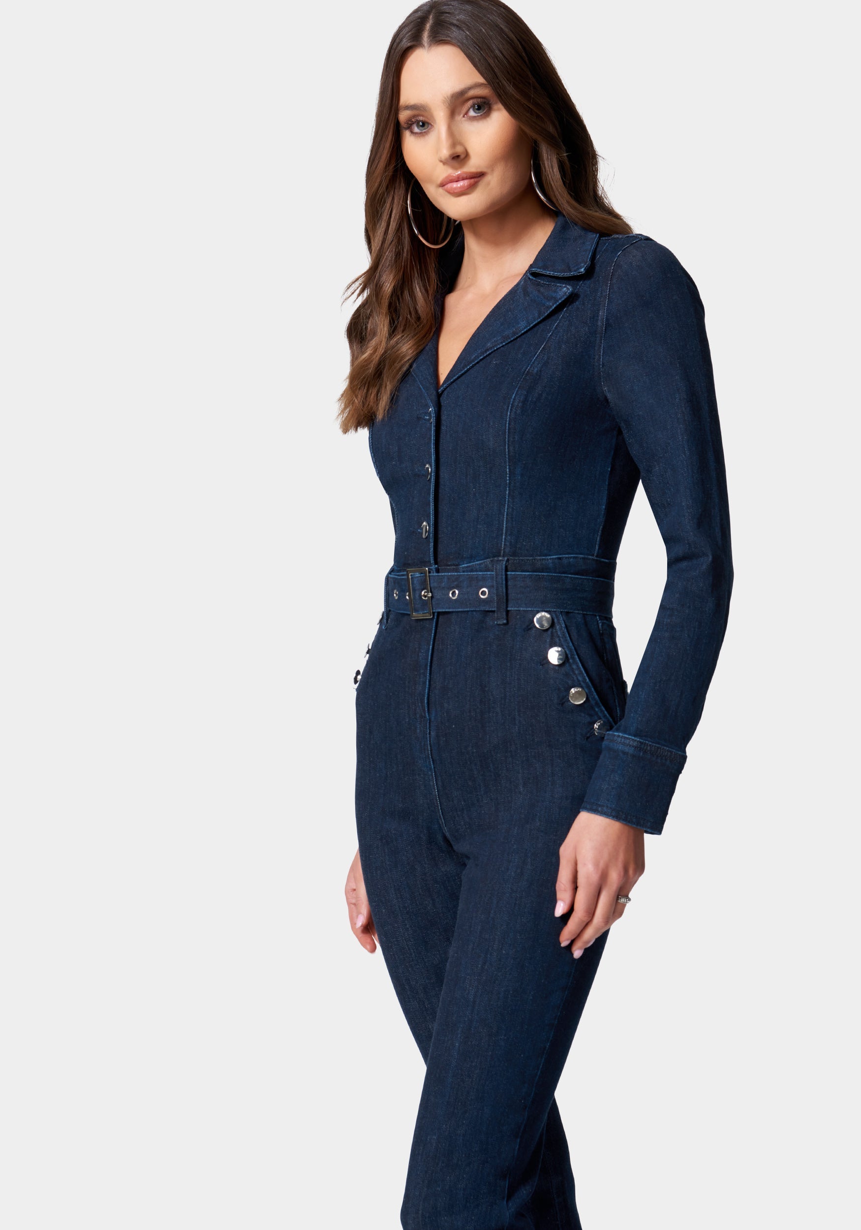 Button Detail Skinny Denim Jumpsuit