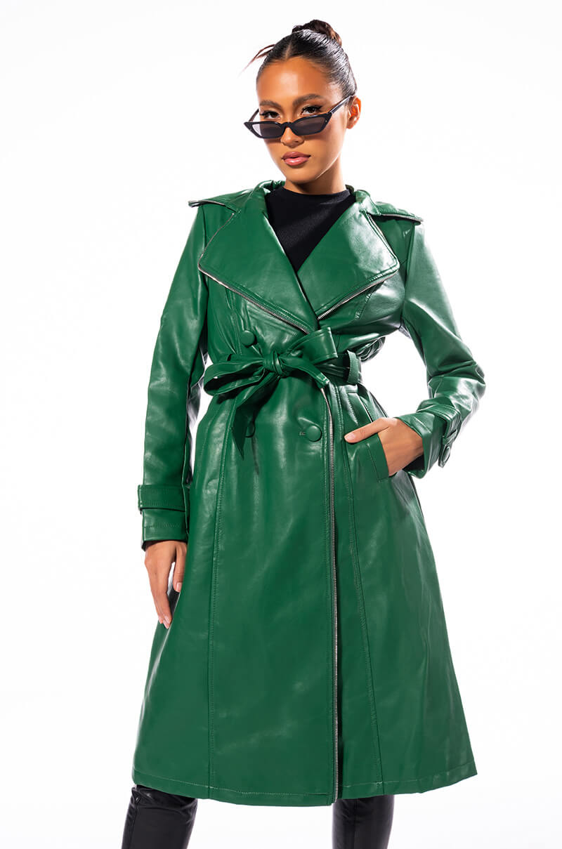 SANDO GREEN PLEATHER TRENCH COAT WITH ZIPPER TRIM