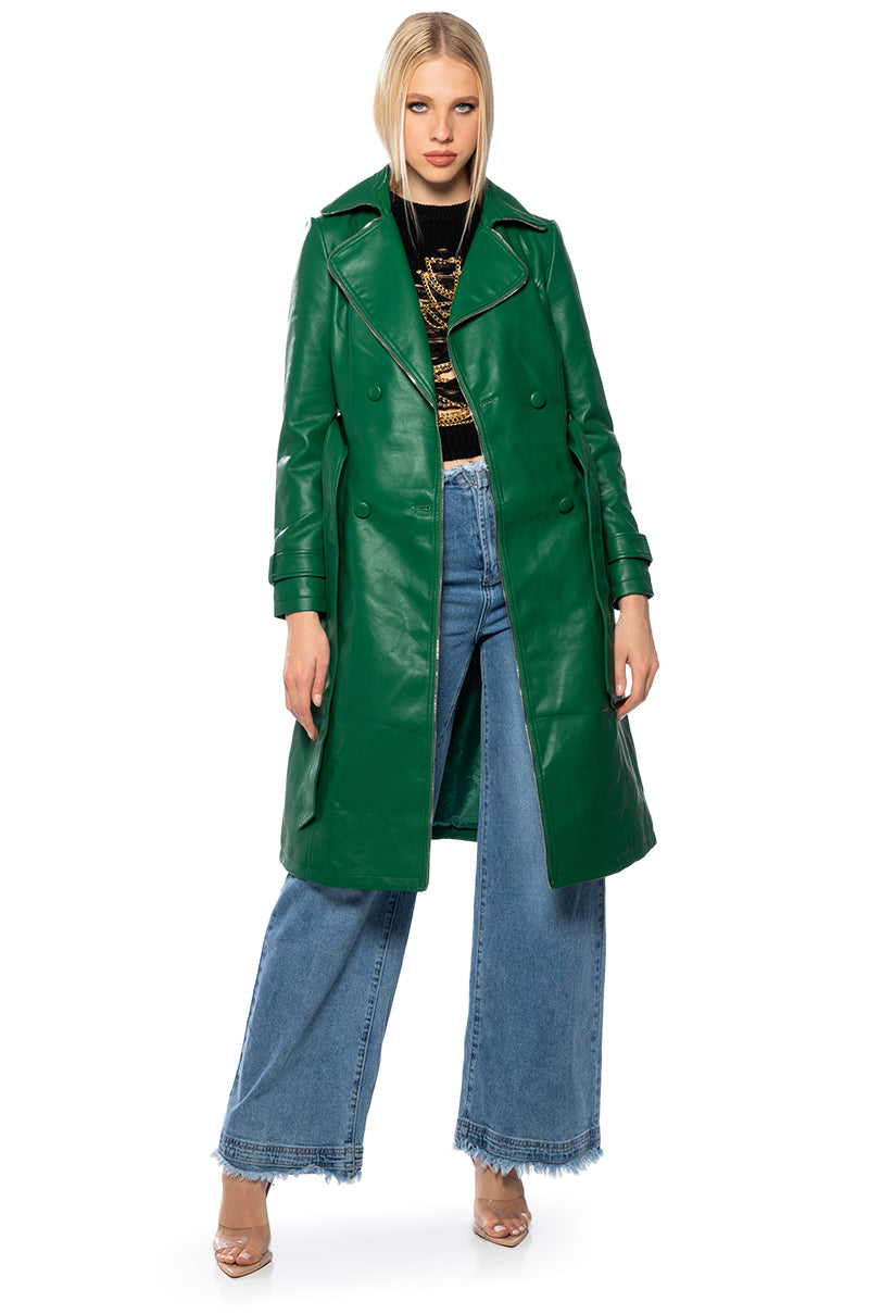 SANDO GREEN PLEATHER TRENCH COAT WITH ZIPPER TRIM