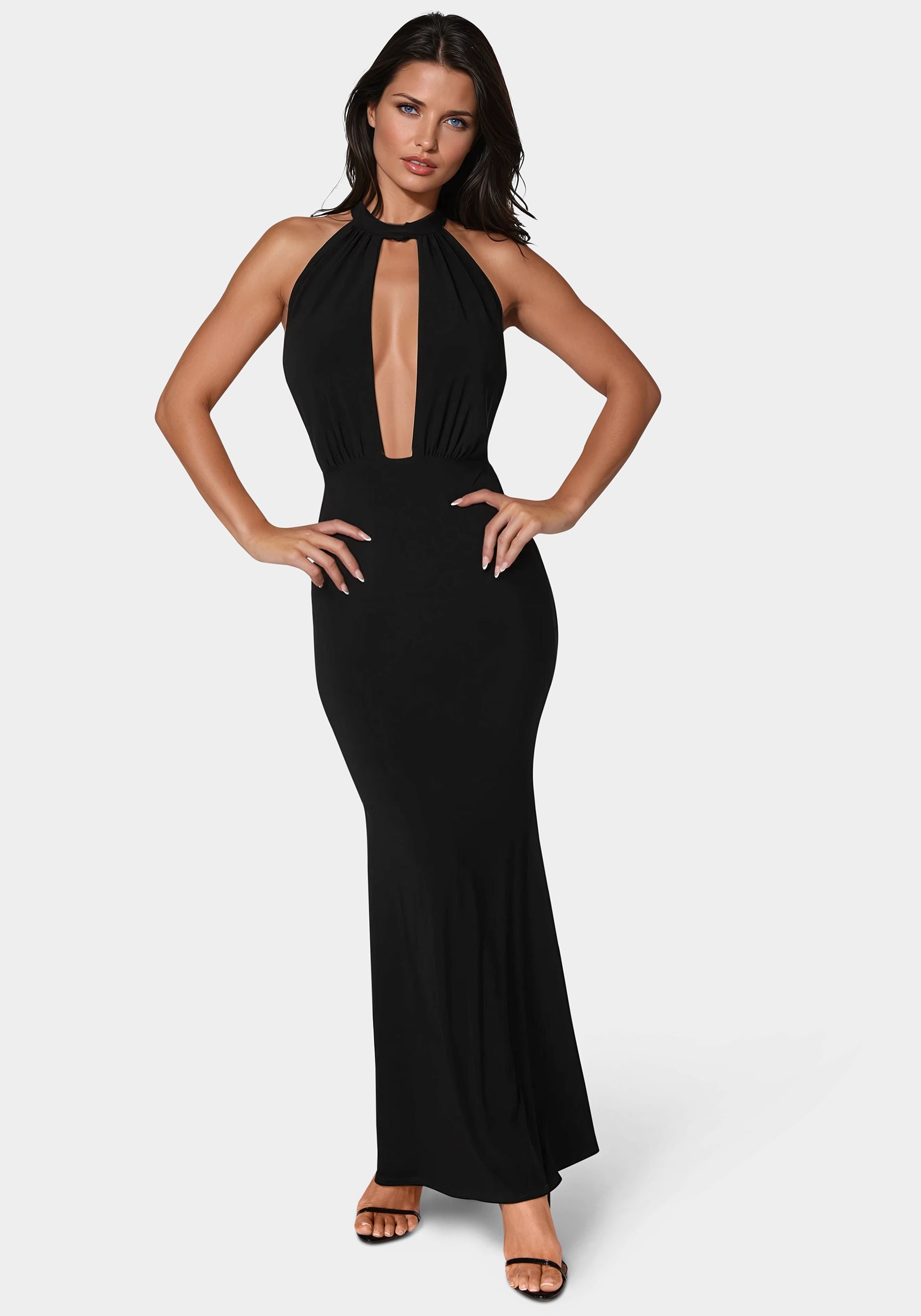 Plunge Neck Halter Floor Length Dress