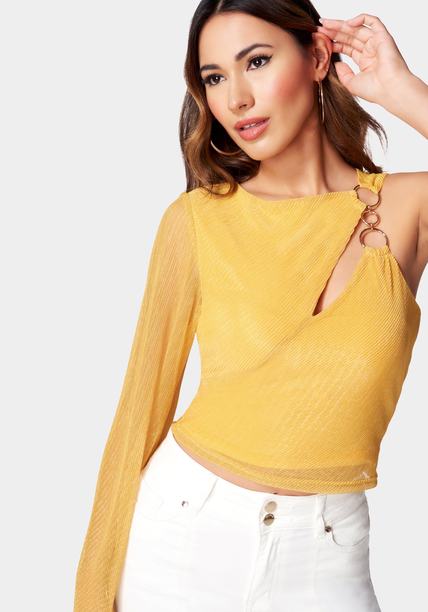 Asymmetric Bubble Sleeve Ring Detail Knit Top