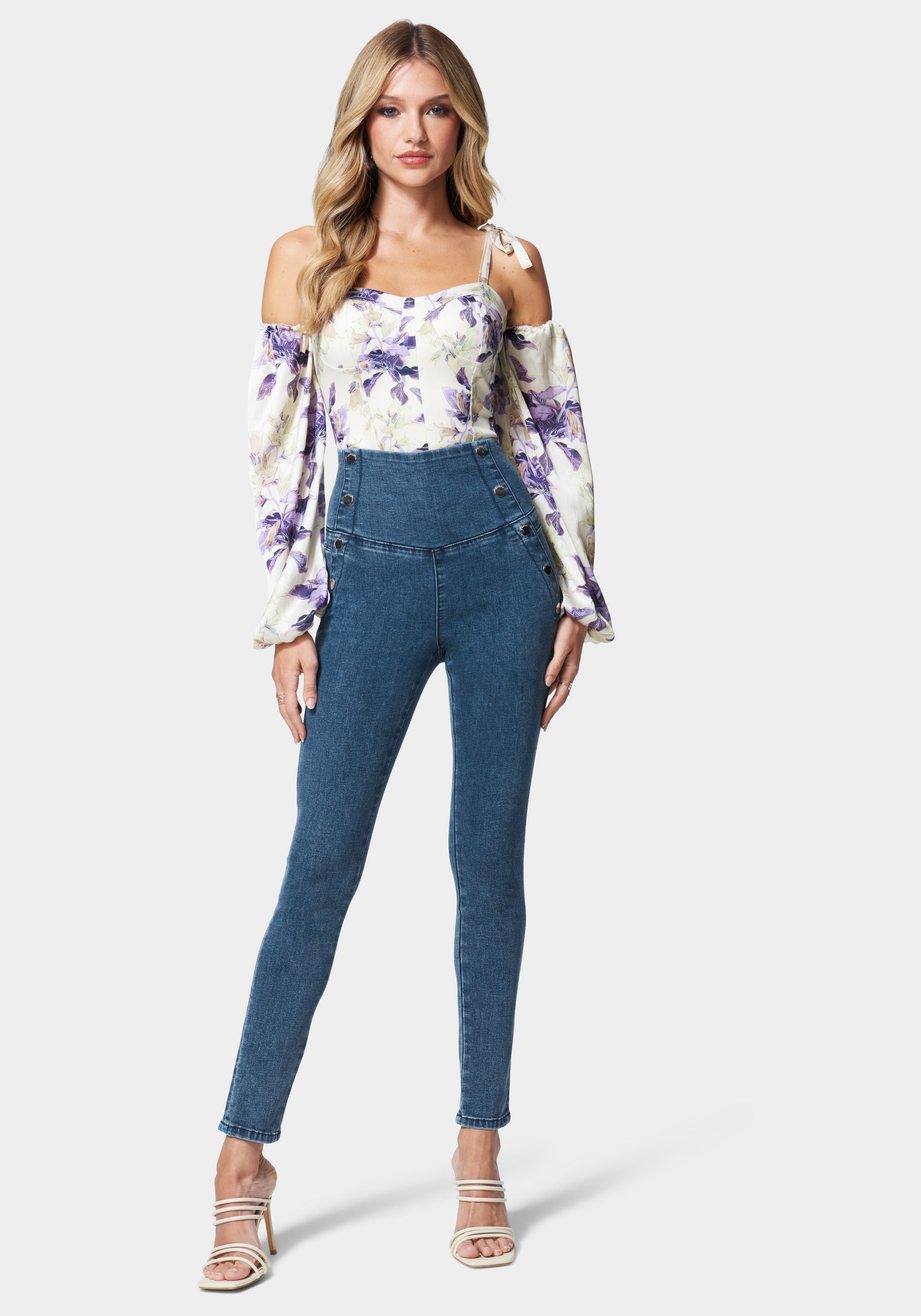 High Waisted Button Detail Skinny Jeans