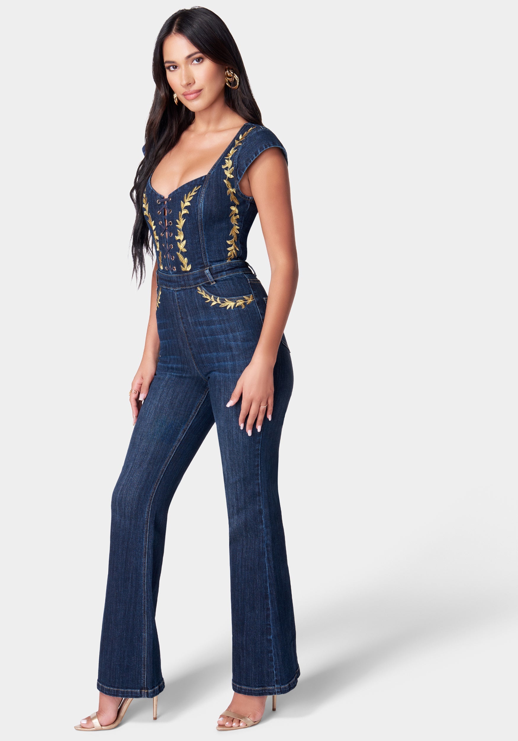 Embroidery Detail Sleeveless Flared Denim Jumpsuit