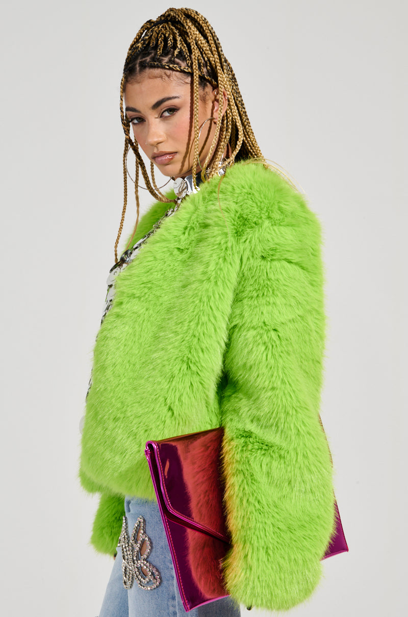 SLIME TIME FAUX FUR COAT IN LIME