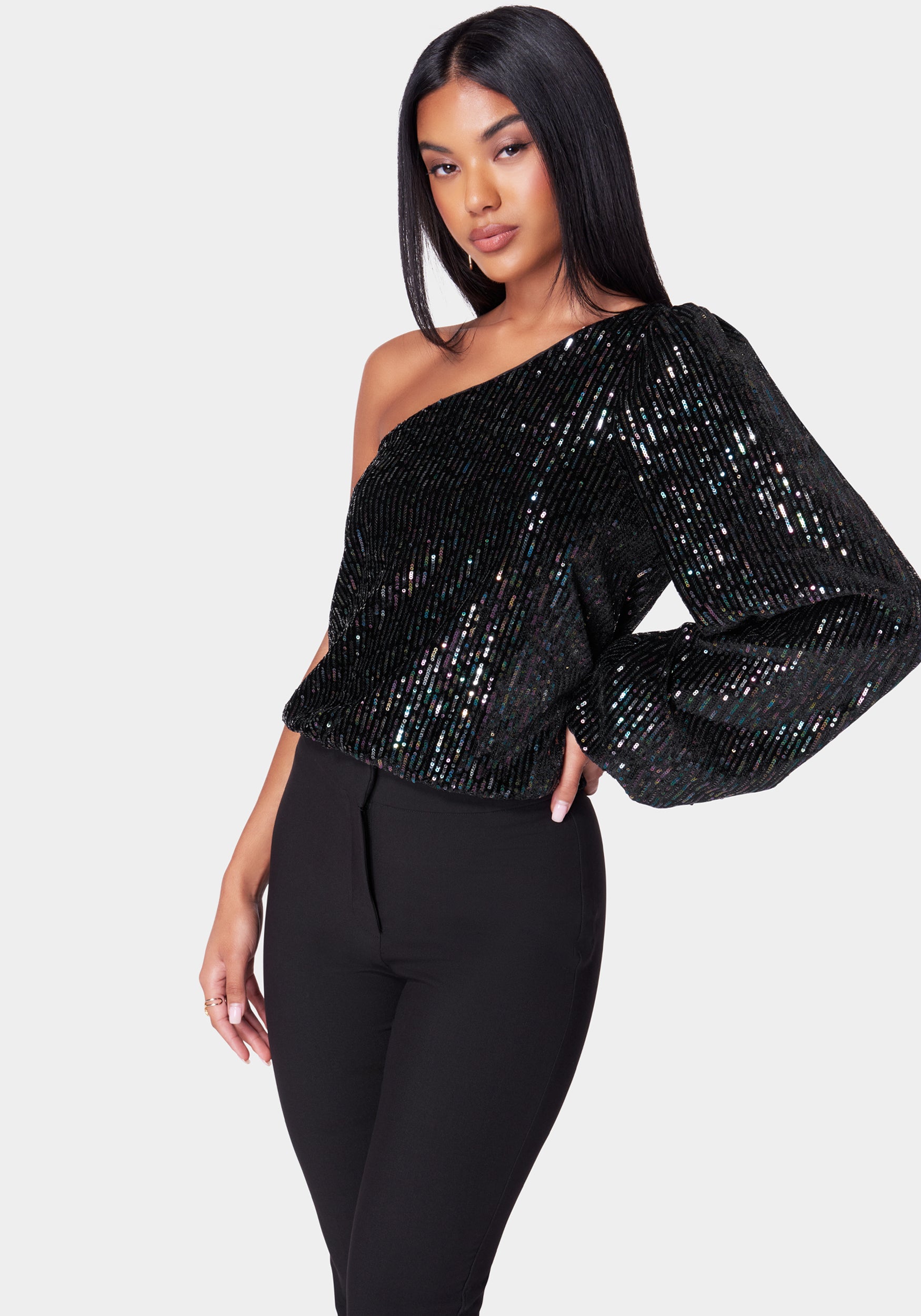 One Shoulder Multi Color Balloon Sleeve Blouse