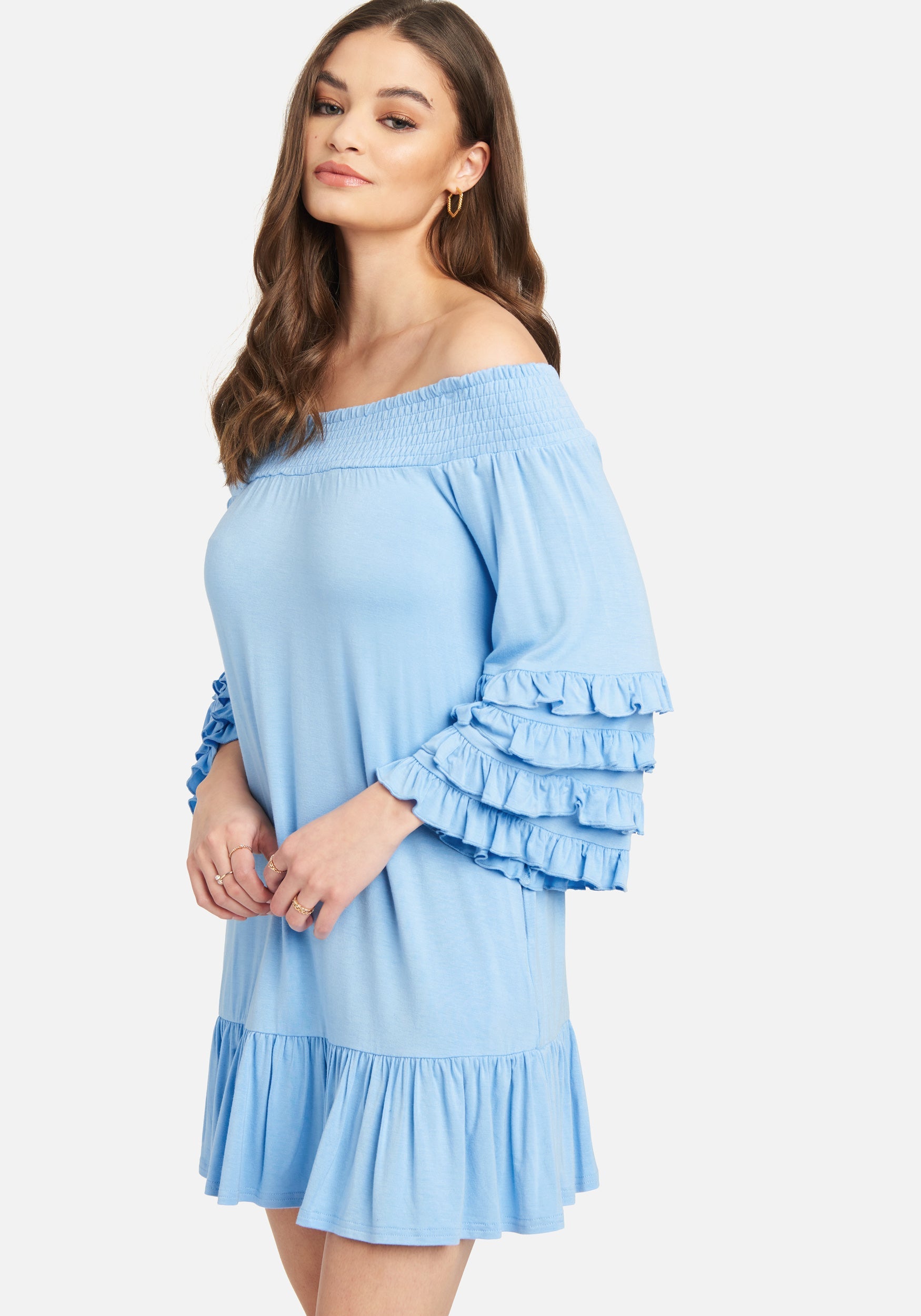 Off Shoulder Ruffle Smock Dress