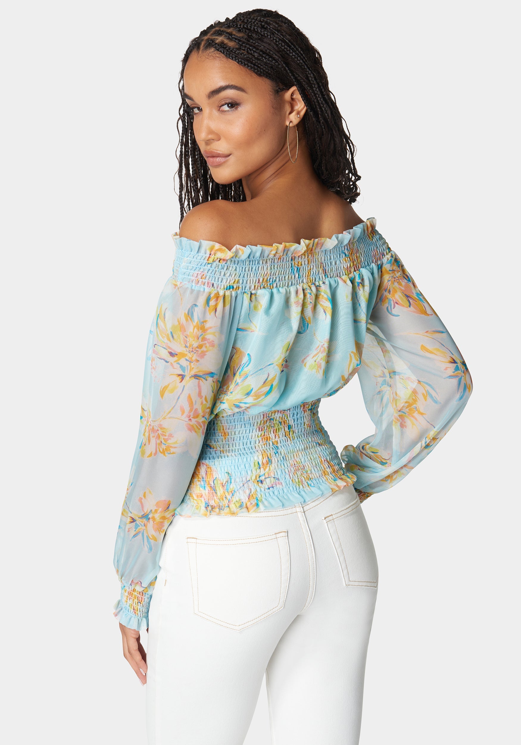 Off Shoulder Smocked Chiffon Blouse