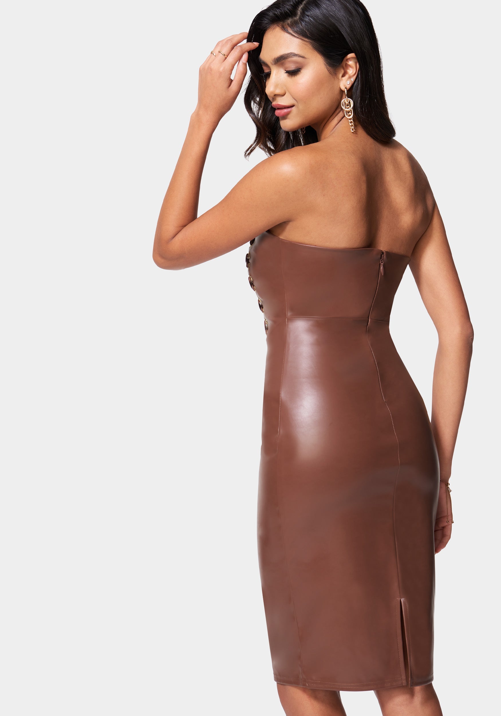 Vegan Leather Strapless Corset Midi Dress