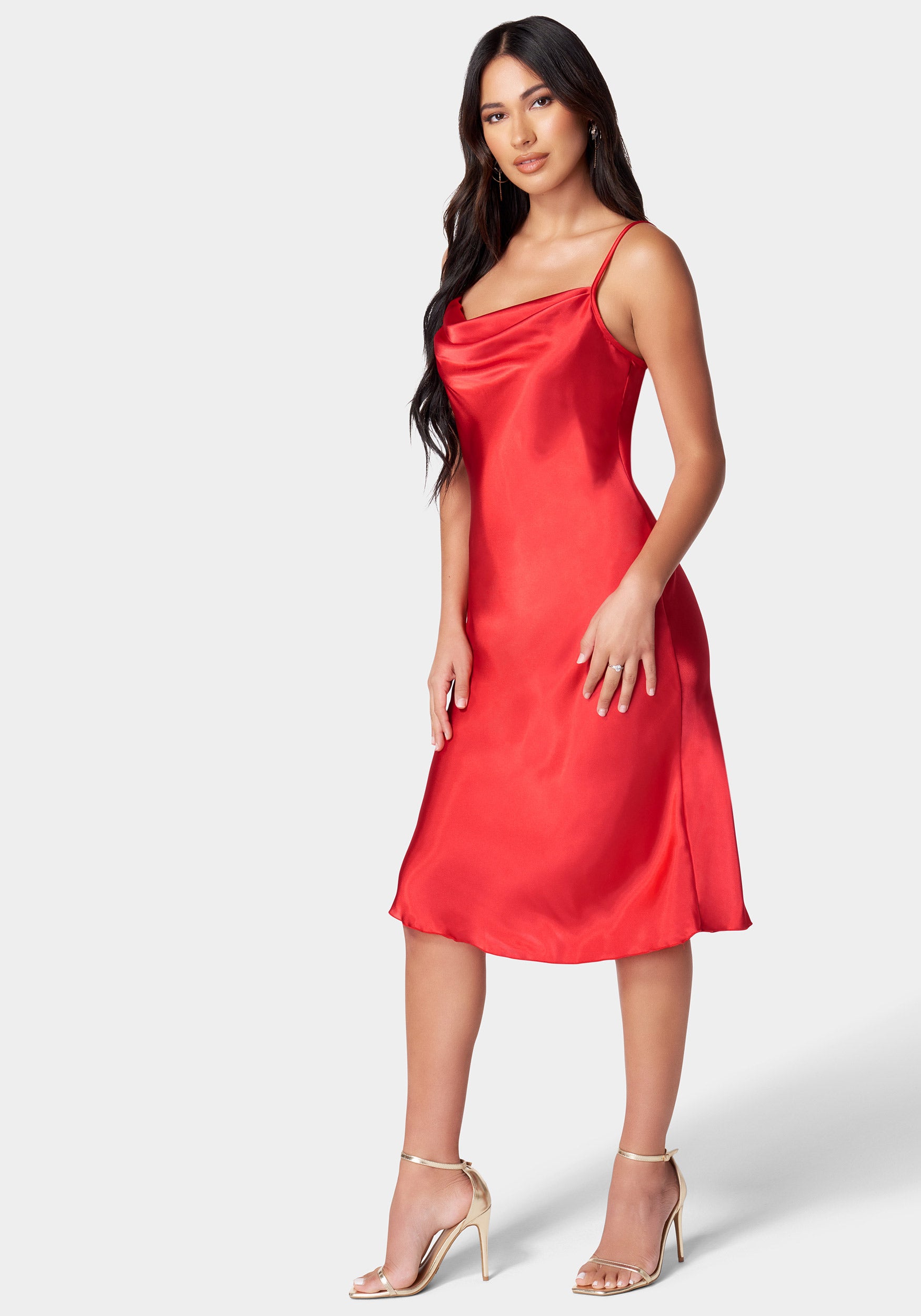 Satin Cowl Neck Slip Midi Dress