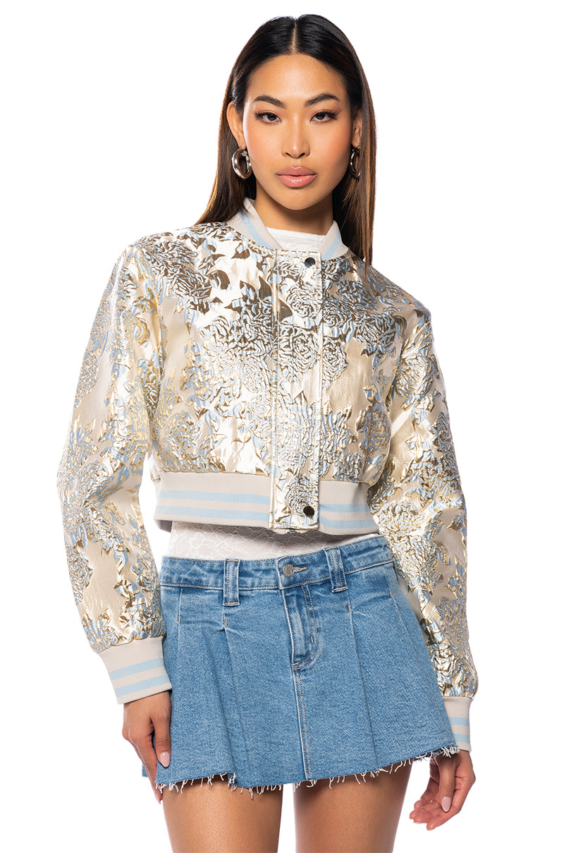 BROCADE TAPESTRY VARSITY BOMBER IN BLUE MULTI