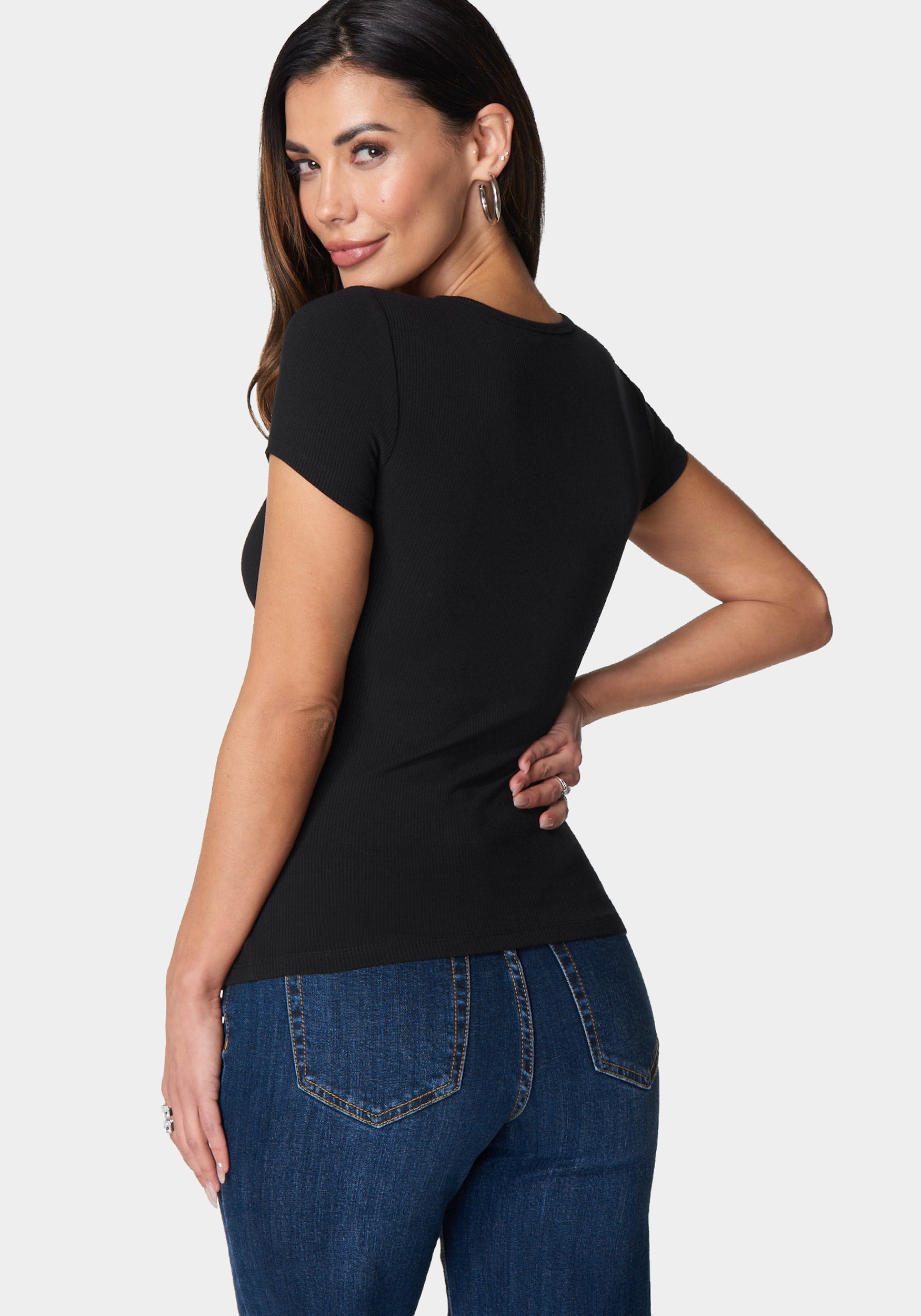 Bebe Logo Short Sleeve Round Neck Rib Top