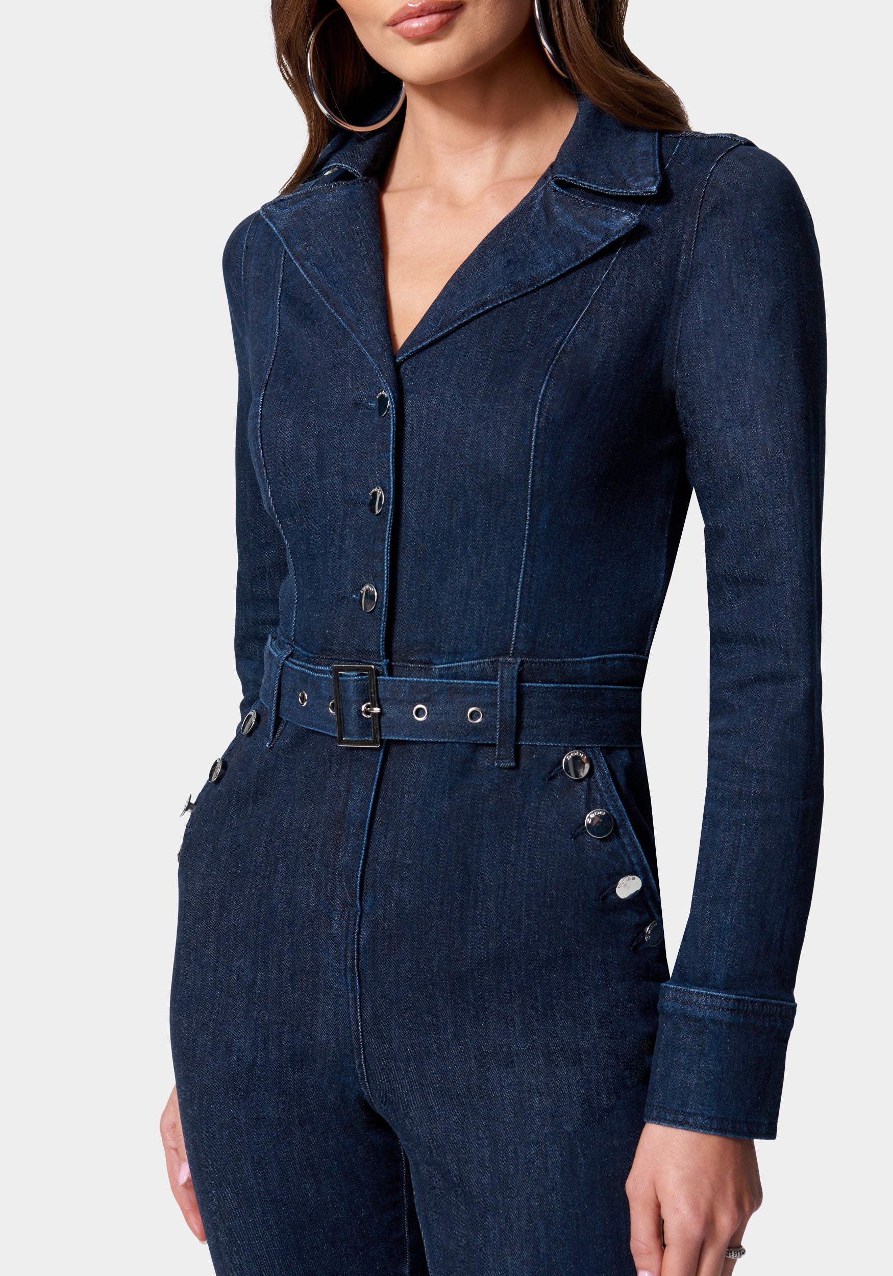 Button Detail Skinny Denim Jumpsuit