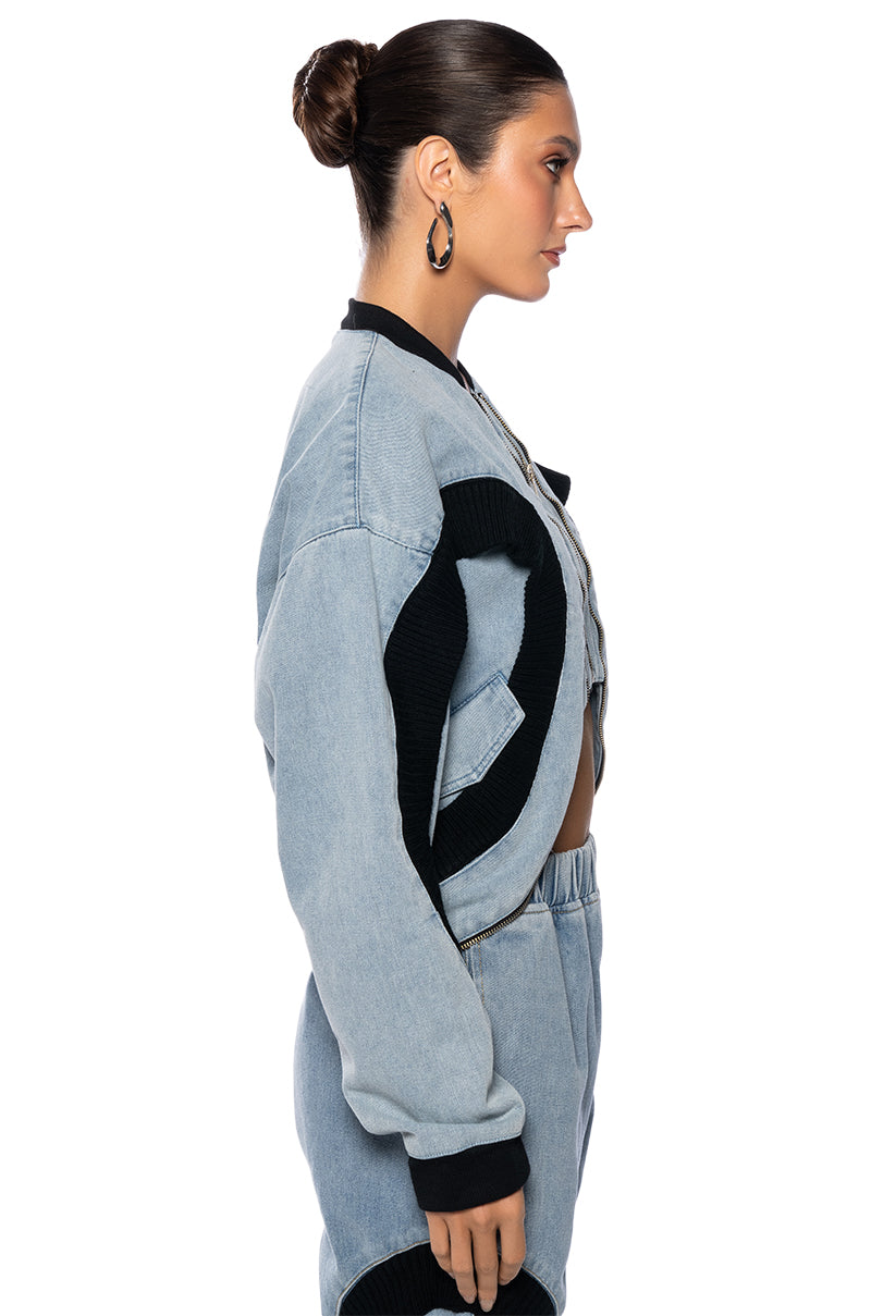 CURVE EFFECT RIB DENIM BOMBER