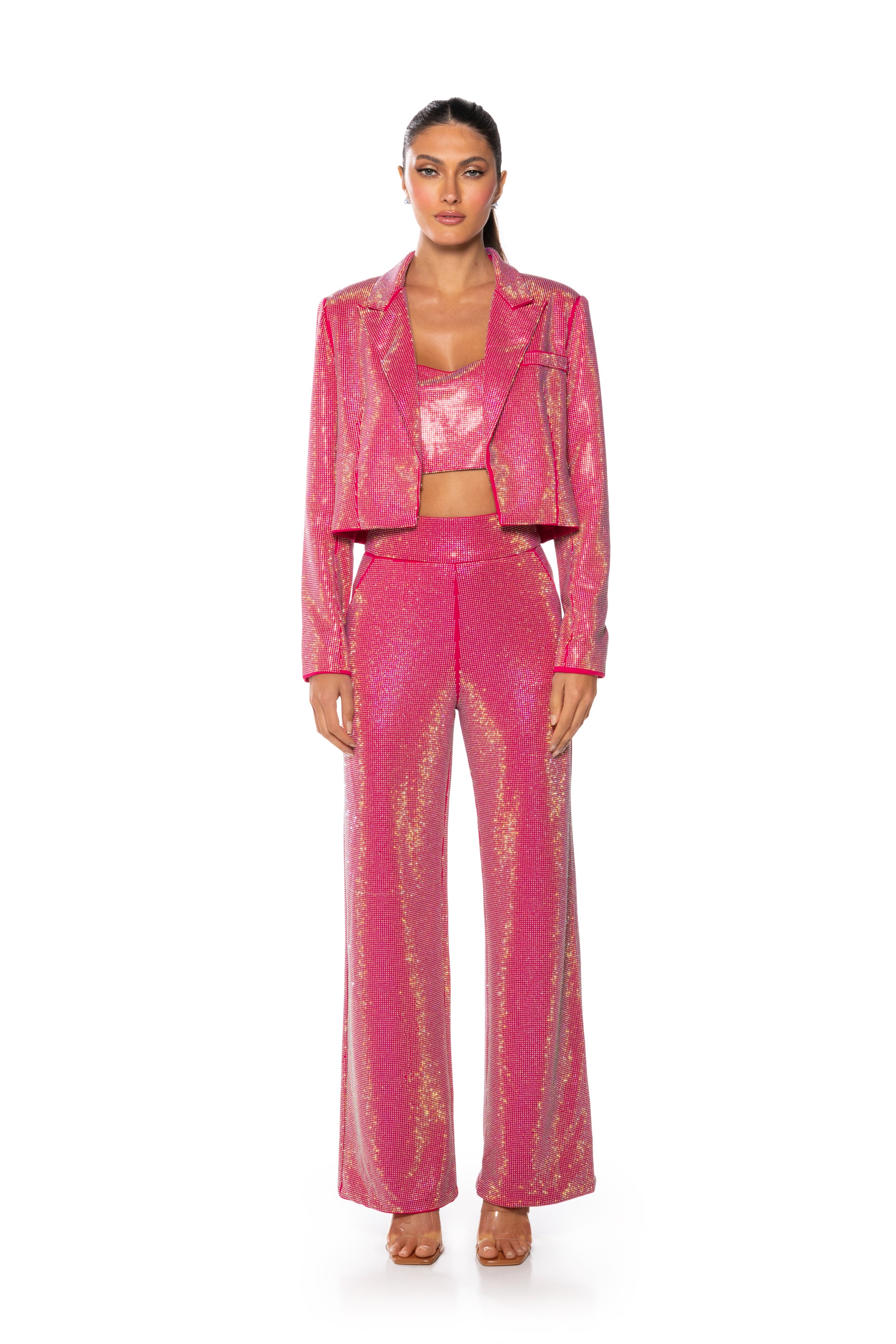 CENTER OF ATTENTION RHINESTONE BLAZER IN PINK