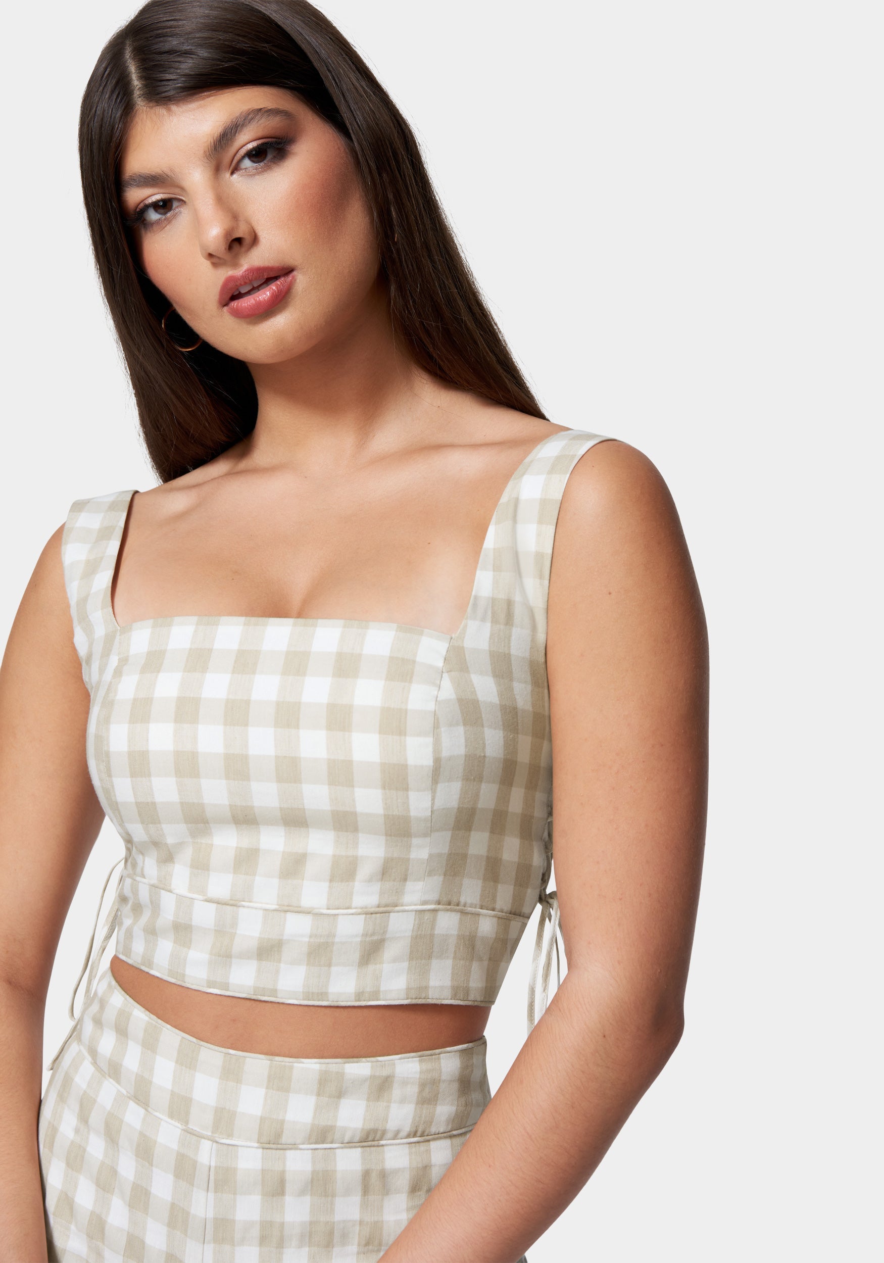 Gingham Cropped Lace Up Detail Top