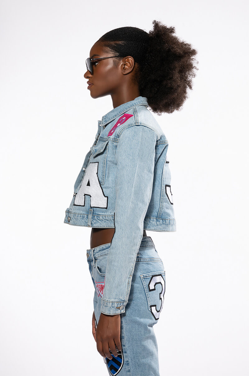 COLLEGIATE OUT OF YOUR LEAGUE PATCHED DENIM JACKET