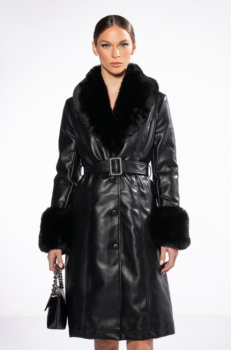 AZALEA WANG MARBOLO PU TRENCH WITH FAUX FUR TRIM