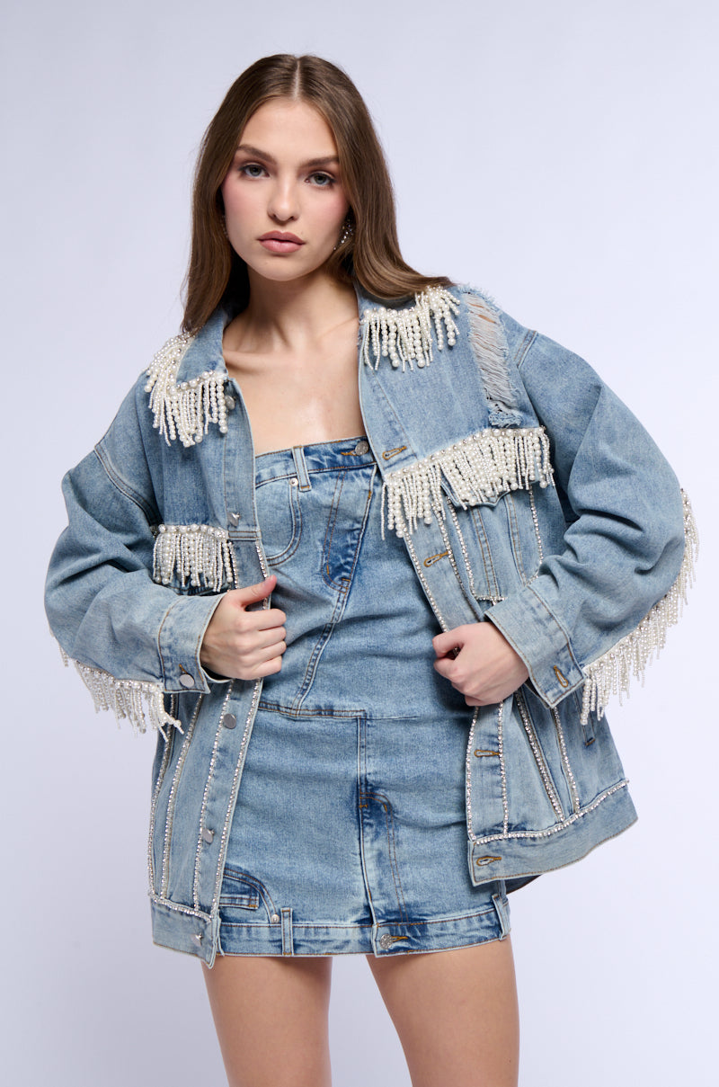 SHOW STOPPER PEARL EMBELLISHED DENIM JACKET