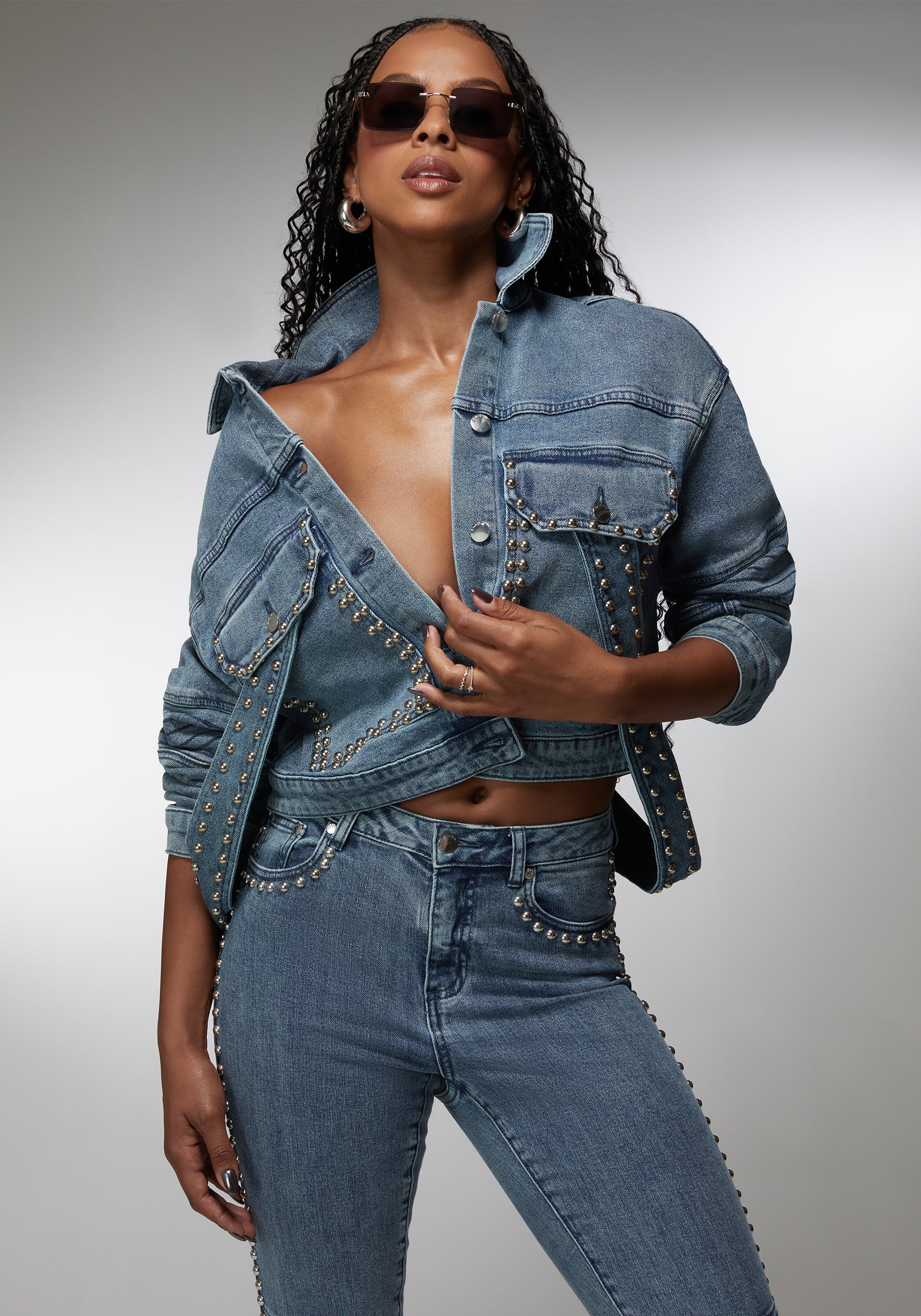 Drop Shoulder Studded Denim Jacket