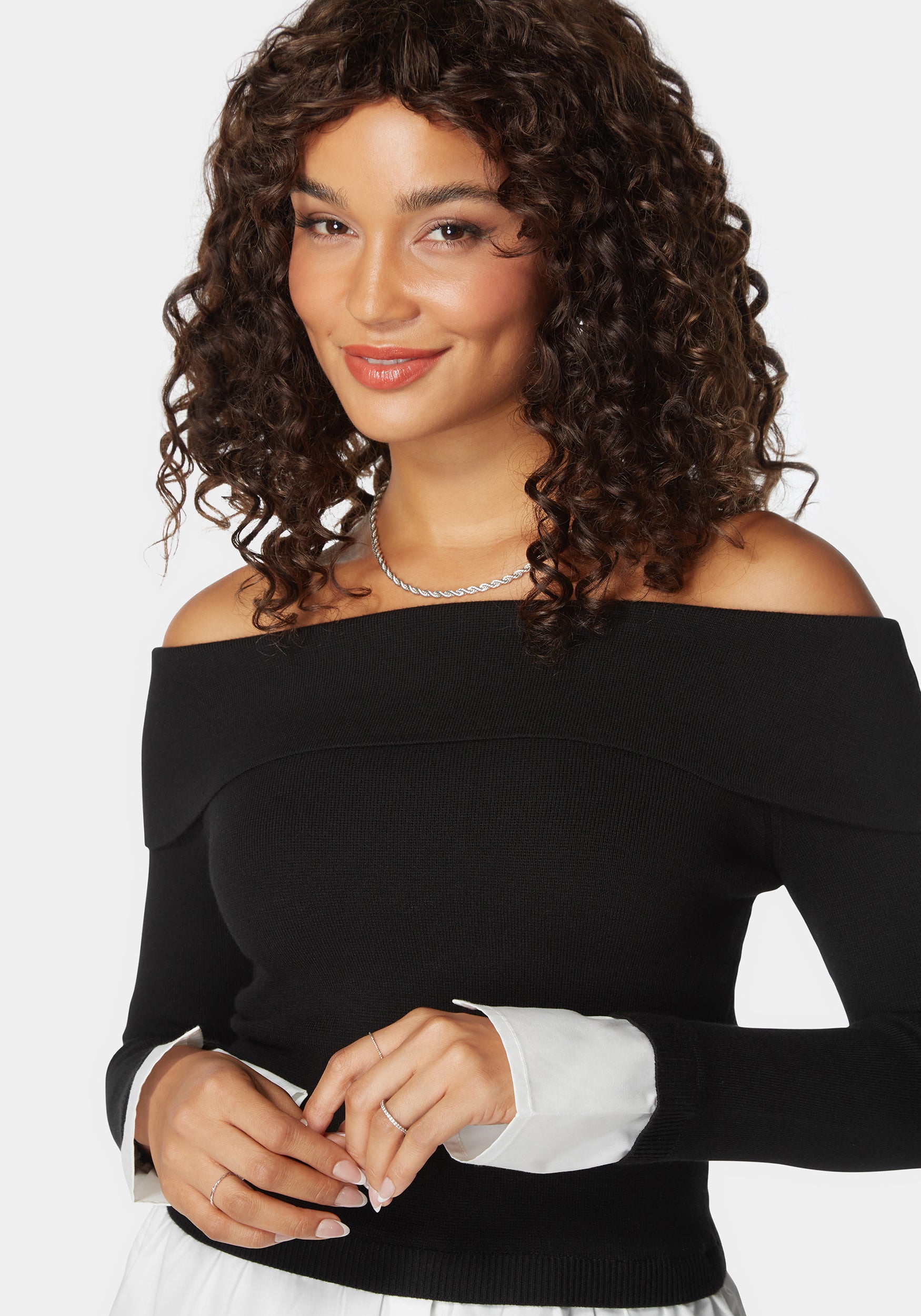 Poplin Combo Fold Over Off Shoulder Sweater Top