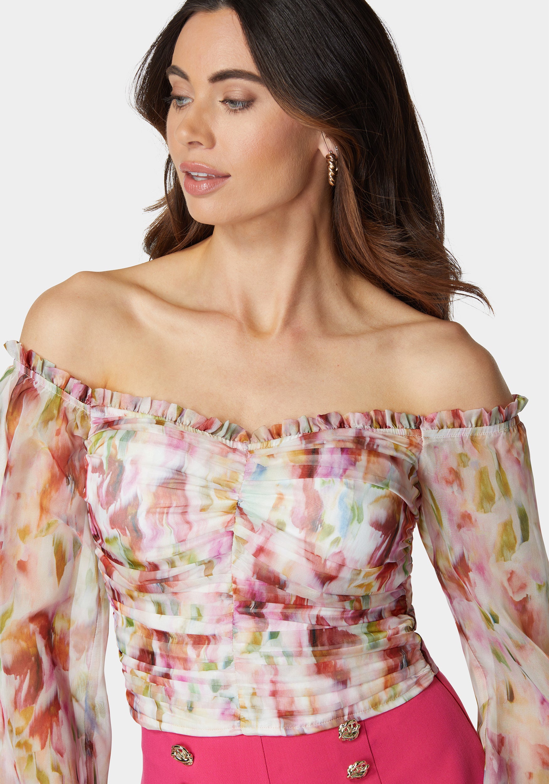 Printed Chiffon Cold Shoulder Ruched Top