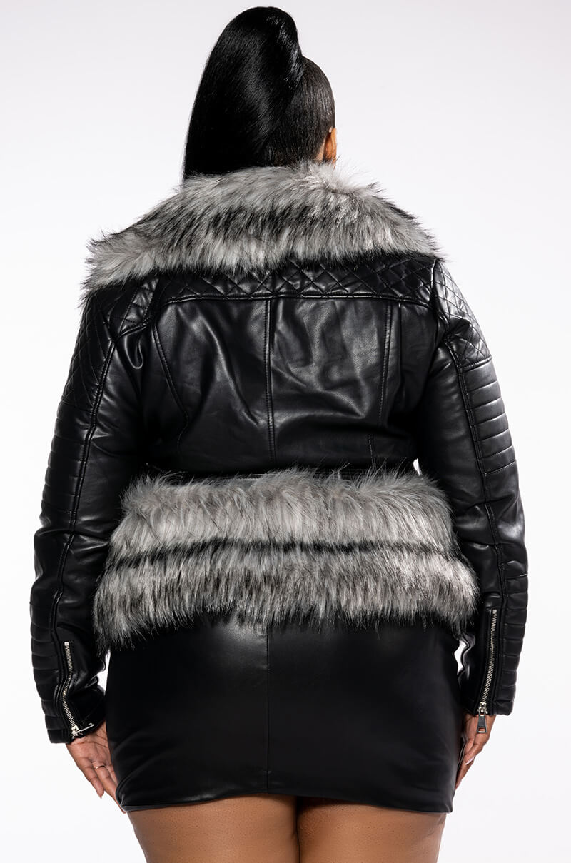 PLUS NEVER CARED FAUX FUR PEPLUM MOTO