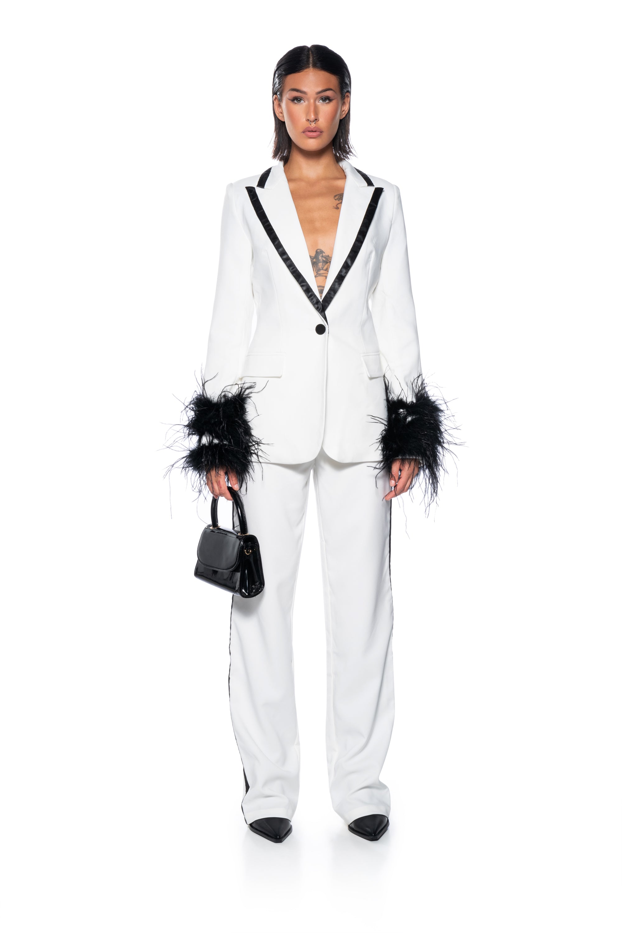 LANTIS WHITE BLAZER WITH FEATHER TRIM