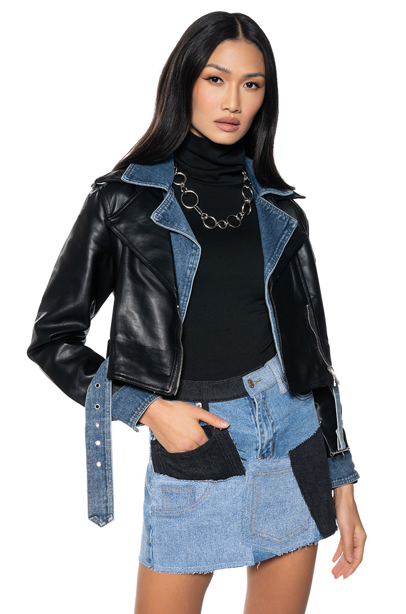 DOUBLE TROUBLE DENIM MOTO JACKET