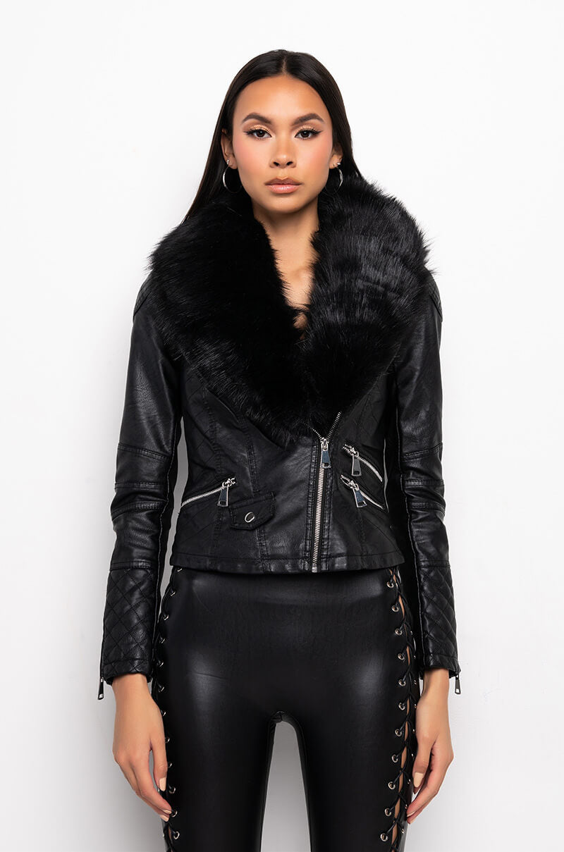 REACH FOR MORE FAUX FUR COLLARED MOTO JACKET