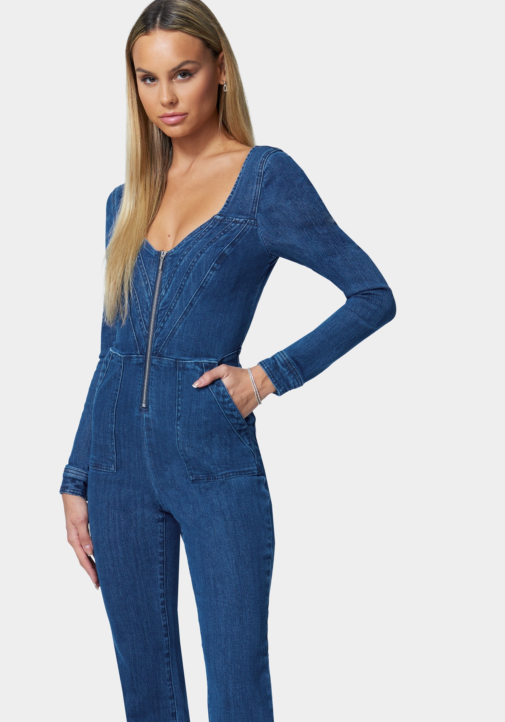 Multistitch Wide Leg Denim Jumpsuit