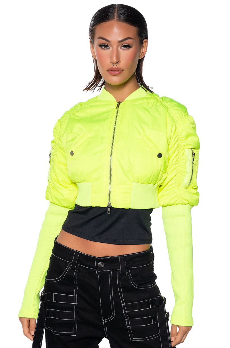 BABBS SKINNY ARM BOMBER JACKET IN NEON YELLOW