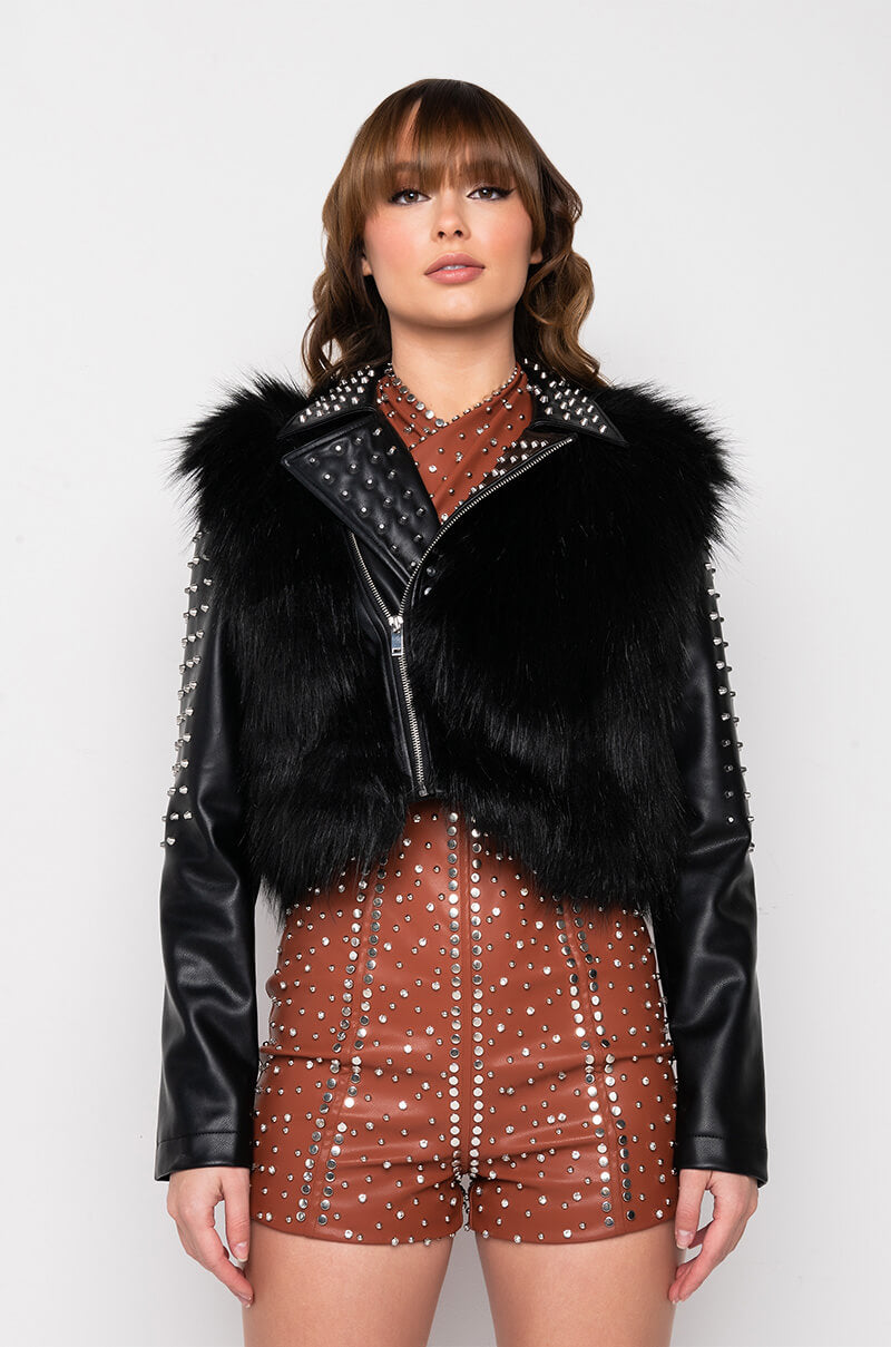 EMMS STUDDED FAUX FUR JACKET