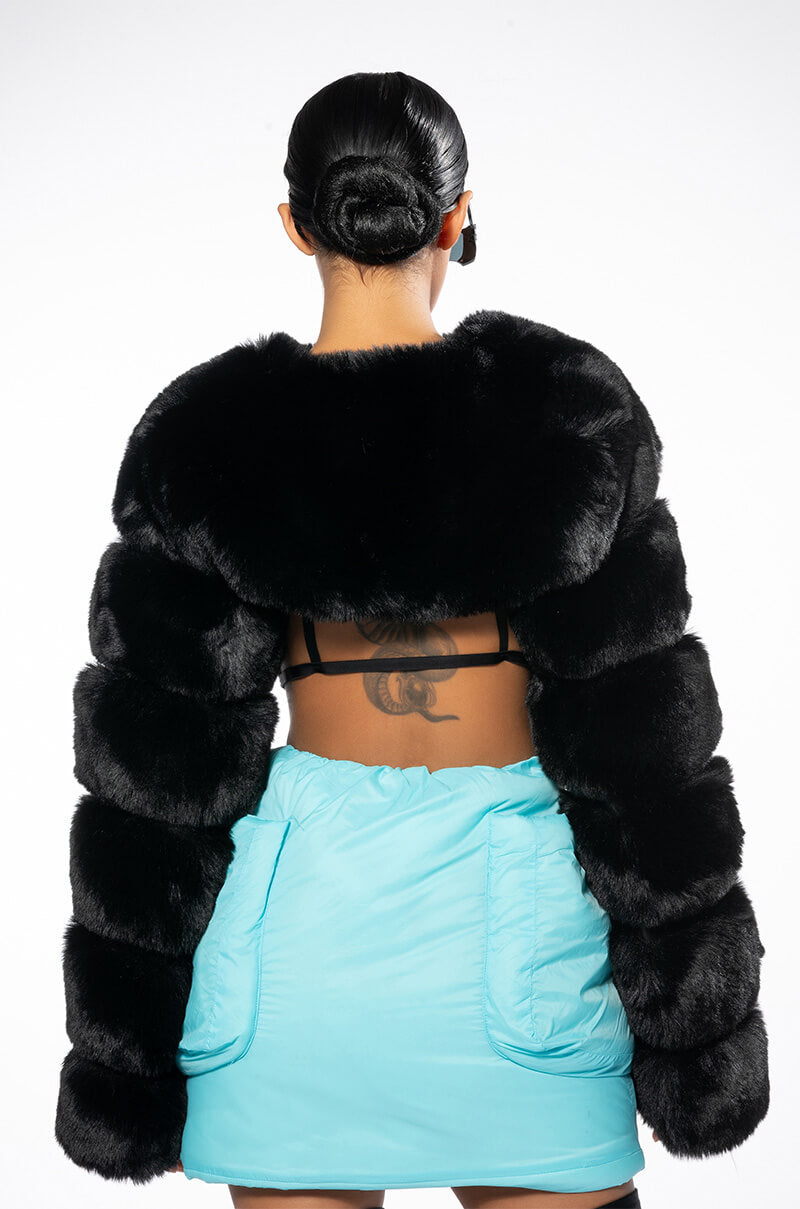 LADIES NIGHT ULTRA CROP FAUX FUR JACKET