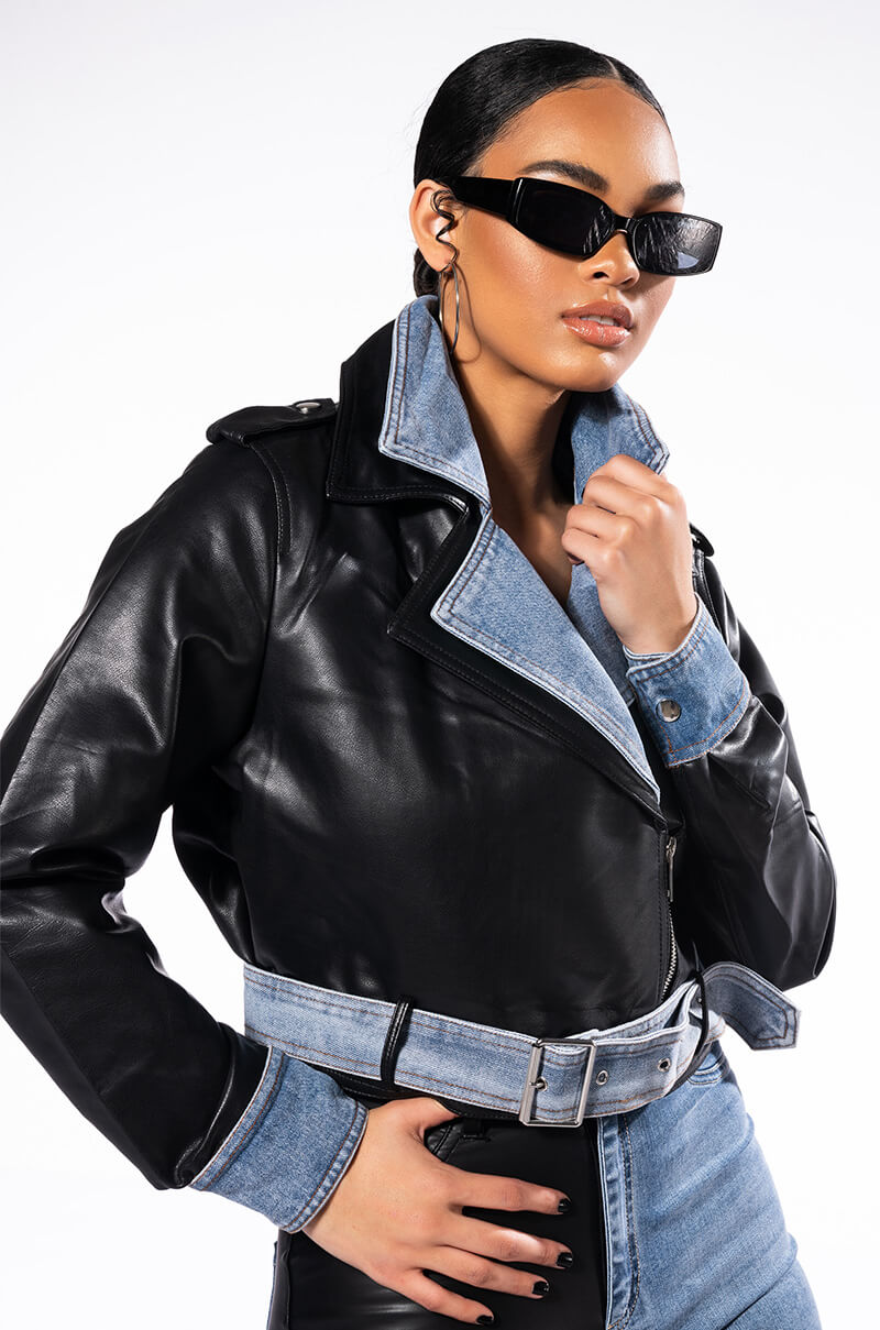 DOUBLE TROUBLE DENIM MOTO JACKET