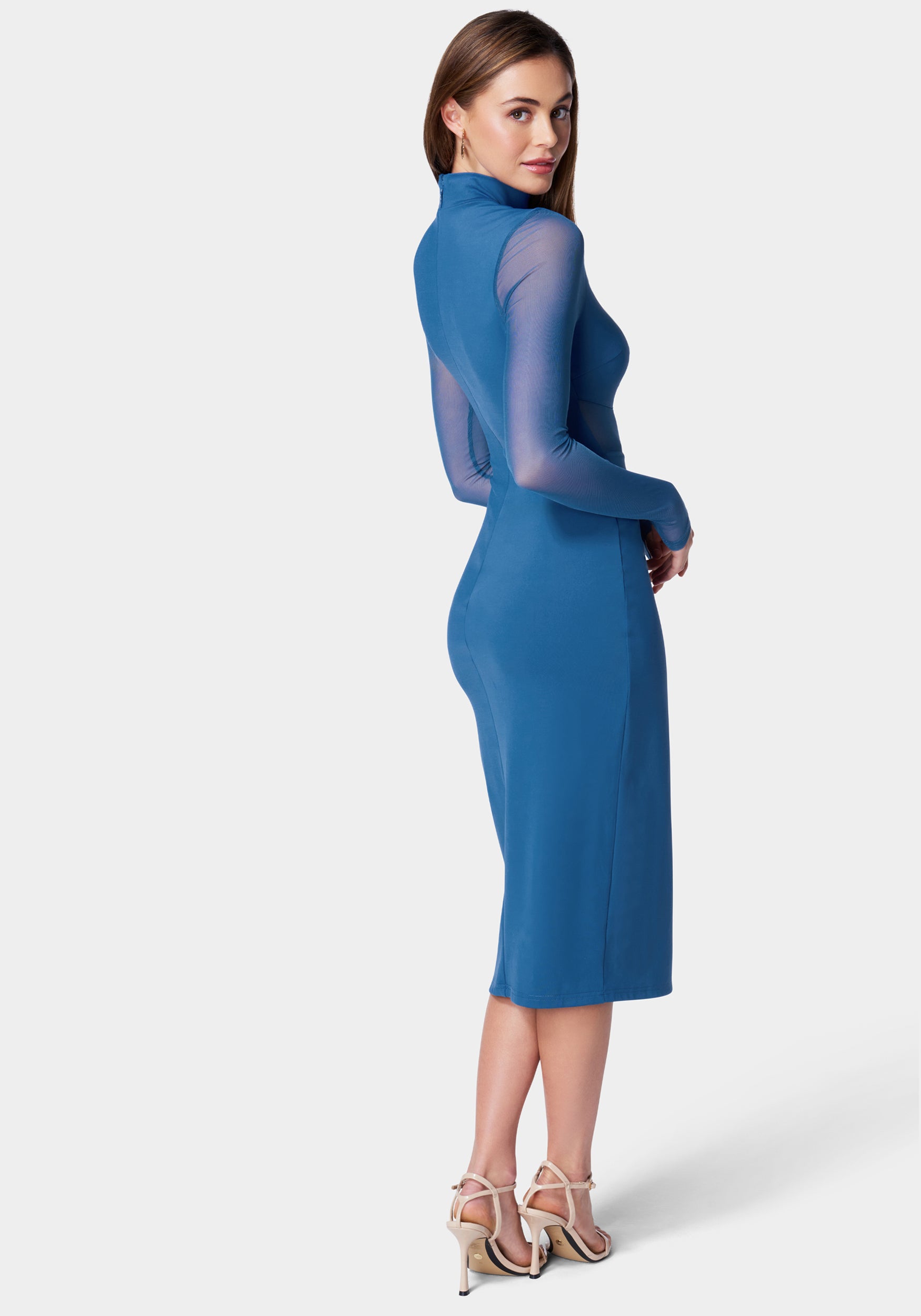 Mesh Inset Long Sleeve Midi Dress