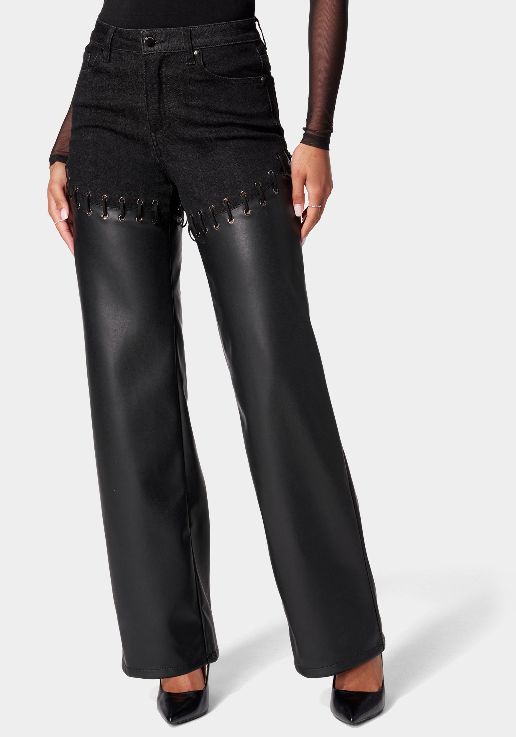 High Waist Denim Combo Vegan Leather Wide Leg Pant