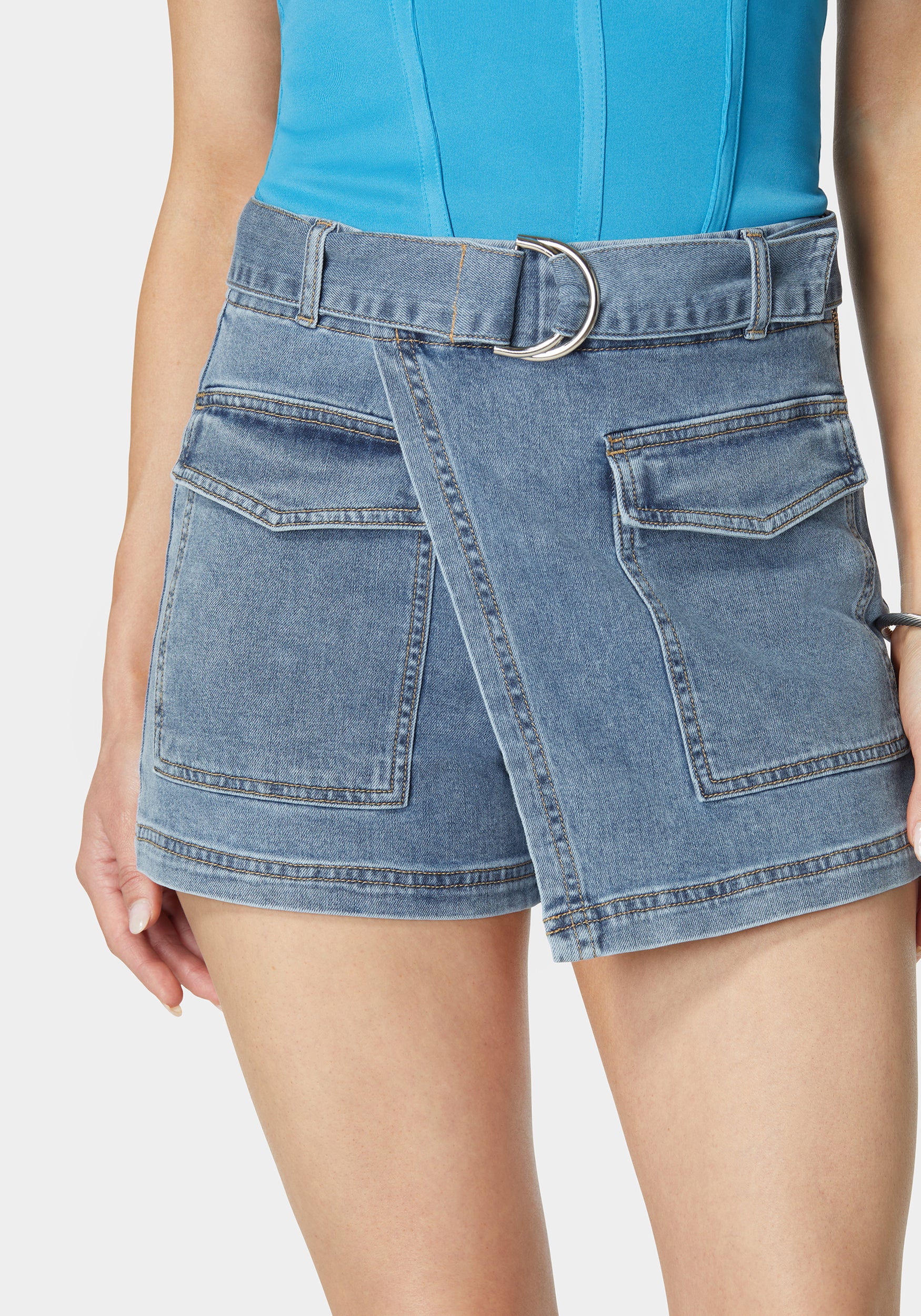 Belted Patch Pocket Mini Denim Skort