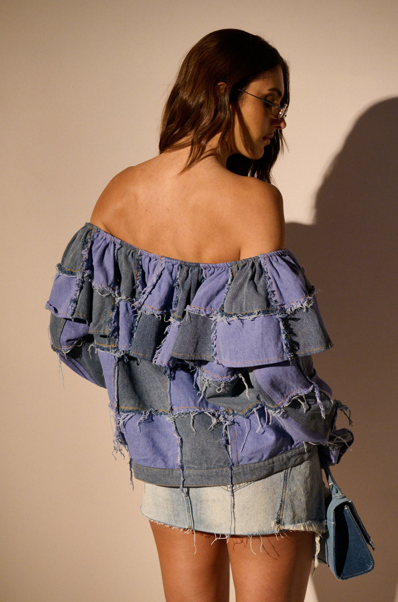 OFF SHOULDER PATCHWORK DENIM JACKET