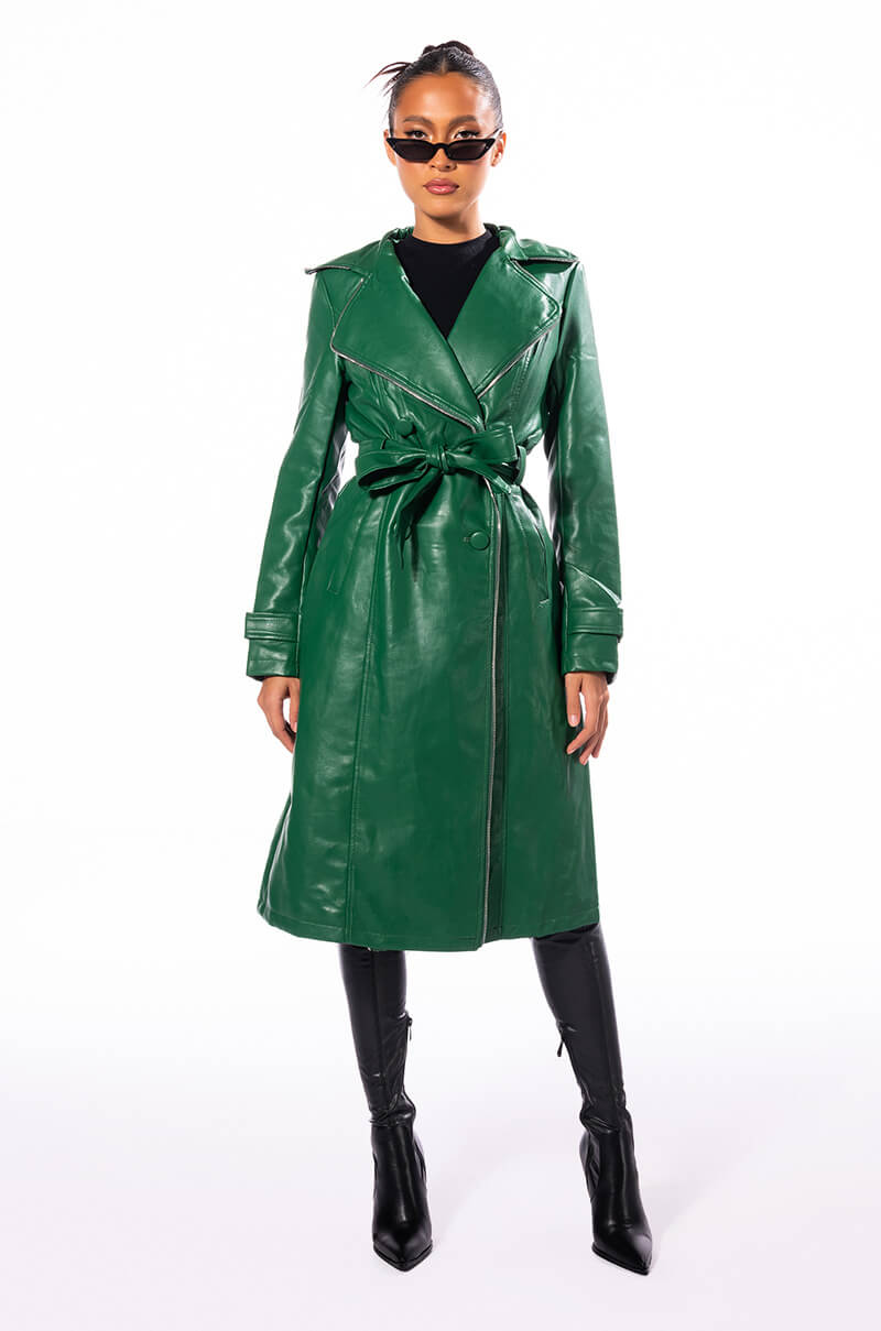 SANDO GREEN PLEATHER TRENCH COAT WITH ZIPPER TRIM