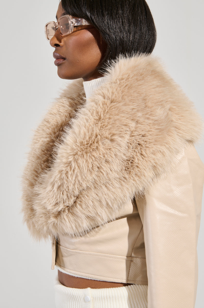 GISELE CROP FAUX FUR MOTO JACKET IN IVORY